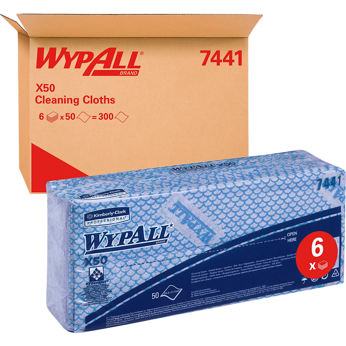 Wischtücher WypAll® X50, B 245 x L 416 mm, Interfold, lebensmittelgeeignet, 6 x 50 Stück, blau