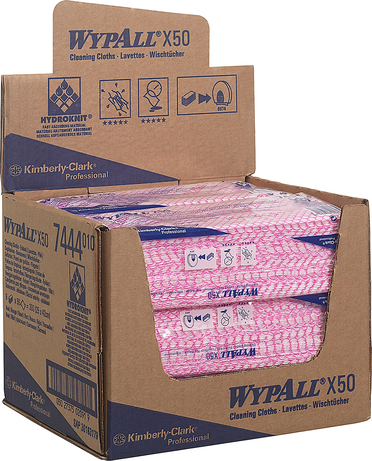 Wischtücher WypAll® X50, B 247 x L 418 mm, Interfold, lebensmittelgeeignet, 6 x 50 Stück, rot