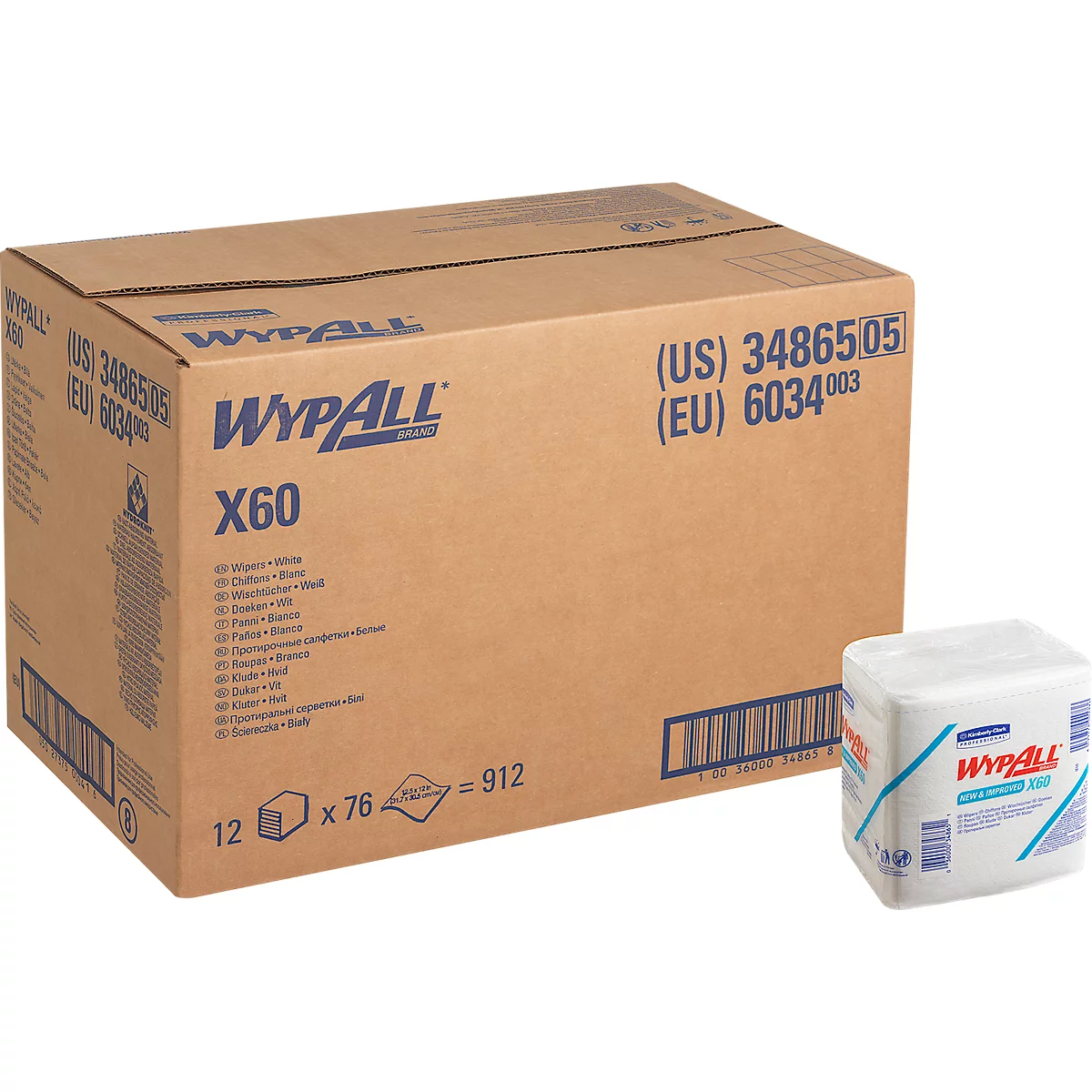 Wischtücher WypAll® X60, B 305 x L 317 mm, gefaltet, 12 Packungen à 76 Tücher, weiß