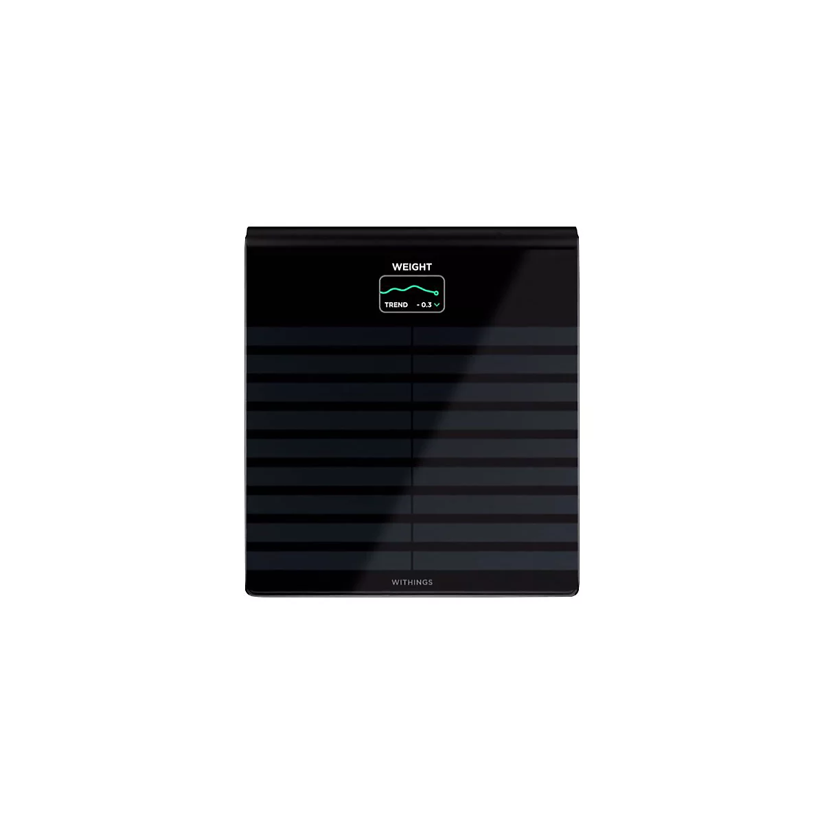 Schwarze Personenwaage mit Anzeige. Zeigt Gewichtstrend von -0,3. Marke: Withings.