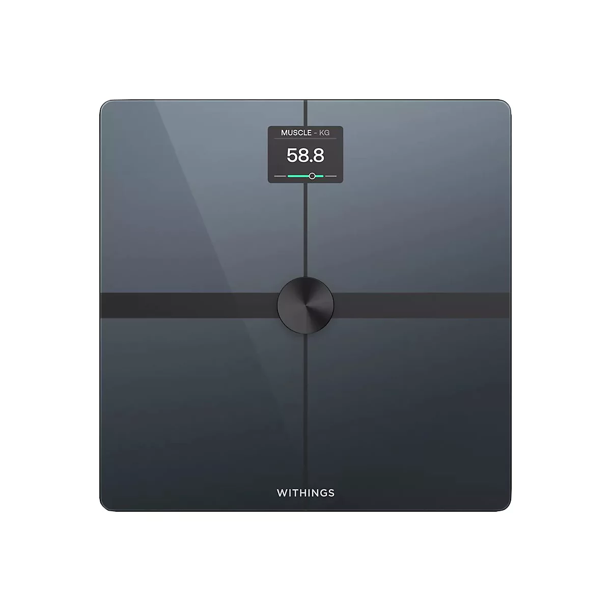 Schwarze Withings Körperanalysewaage mit Displayanzeige fuer Muskelmasse.