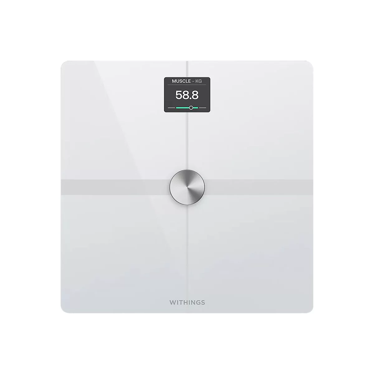 Weiße Withings Personenwaage von oben mit Display, das 58,8 kg Muskelmasse anzeigt.
