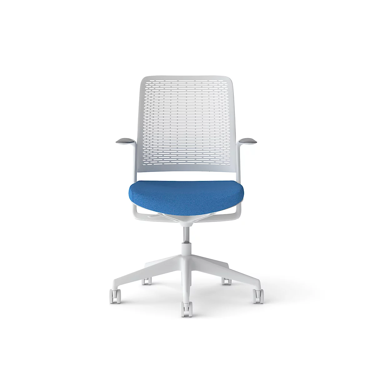 Office chair: White frame, dotted backrest, blue seat. Armrests, wheeled feet.