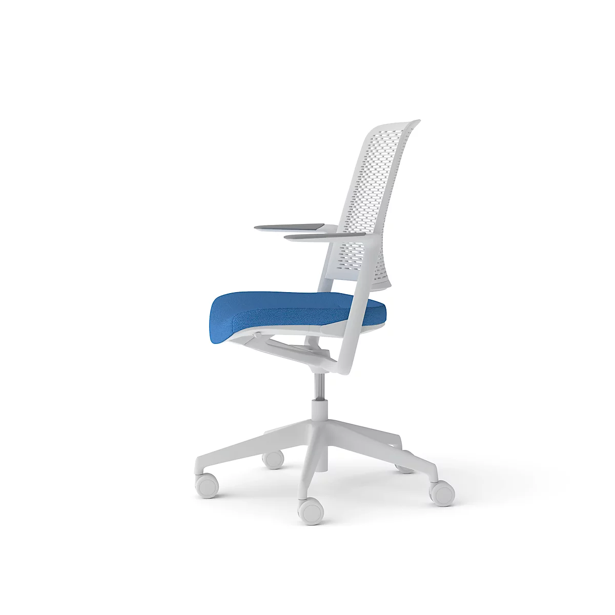 White office chair with blue seat and armrests, turned to the side.