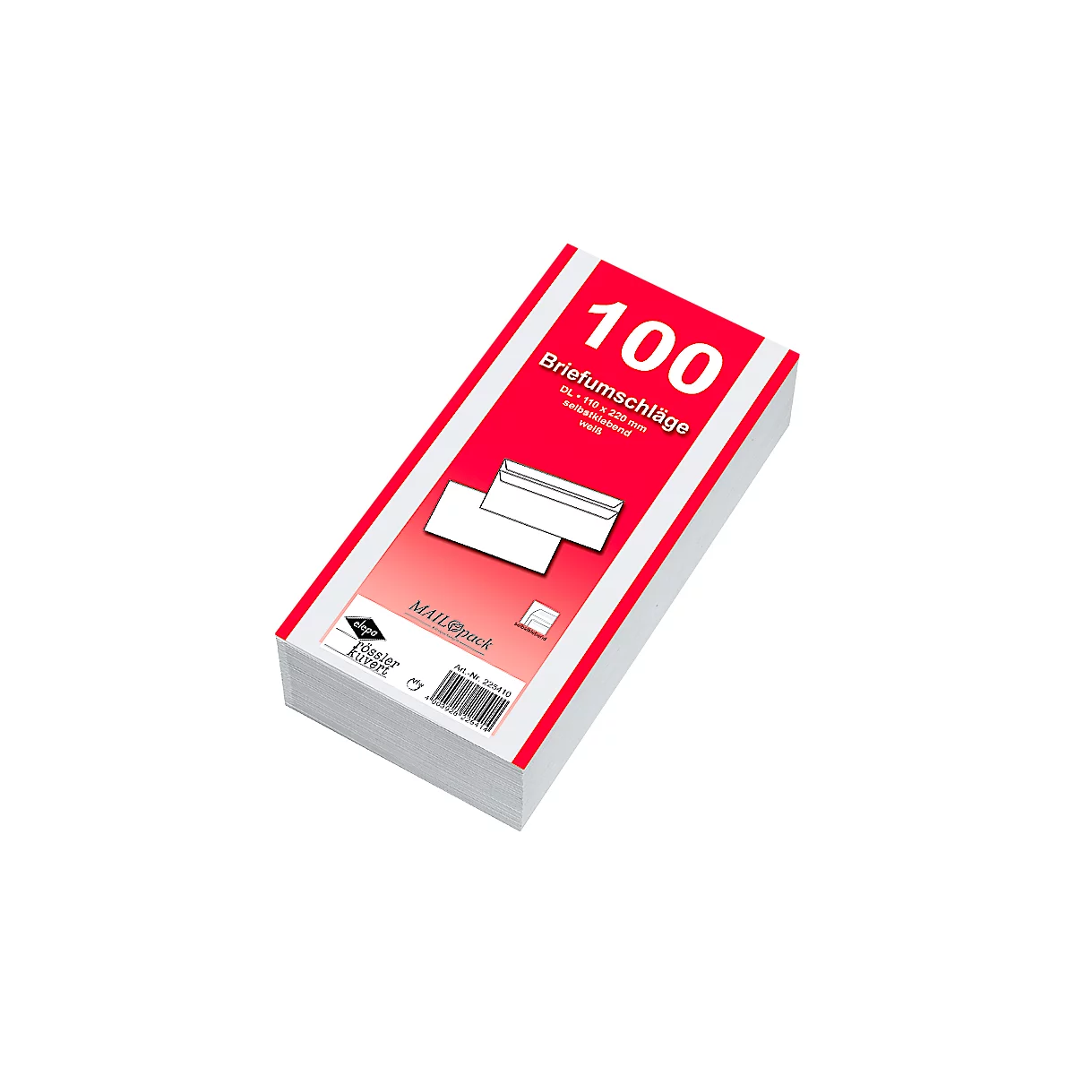 Witte enveloppen, 110 x 220 mm (DL) zonder venster, zelfklevend, pak van 100 stuks
