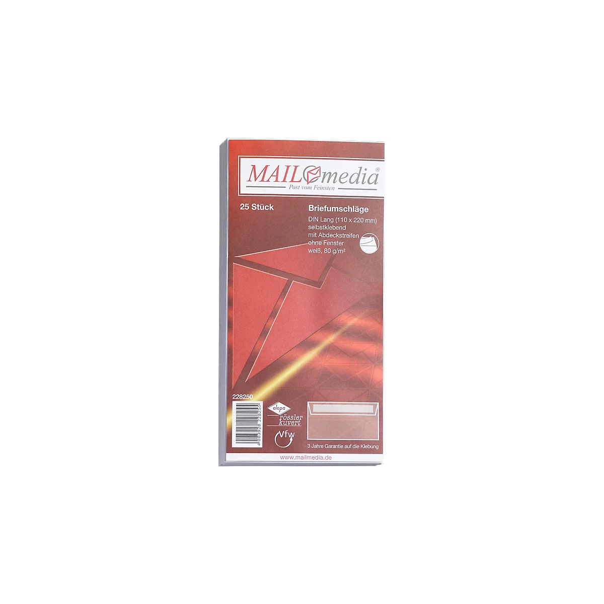 Witte enveloppen, 110 x 220 mm (DL) zonder venster, zelfklevend, pak van 25 stuks