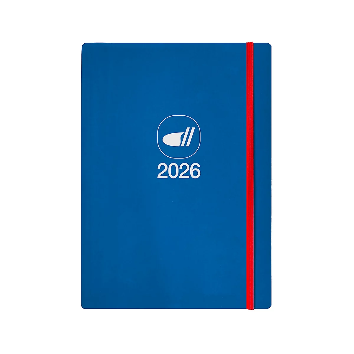 Blauer Terminkalender mit rotem Gummiband und Logo. Auf der Vorderseite steht die Jahreszahl 2026.