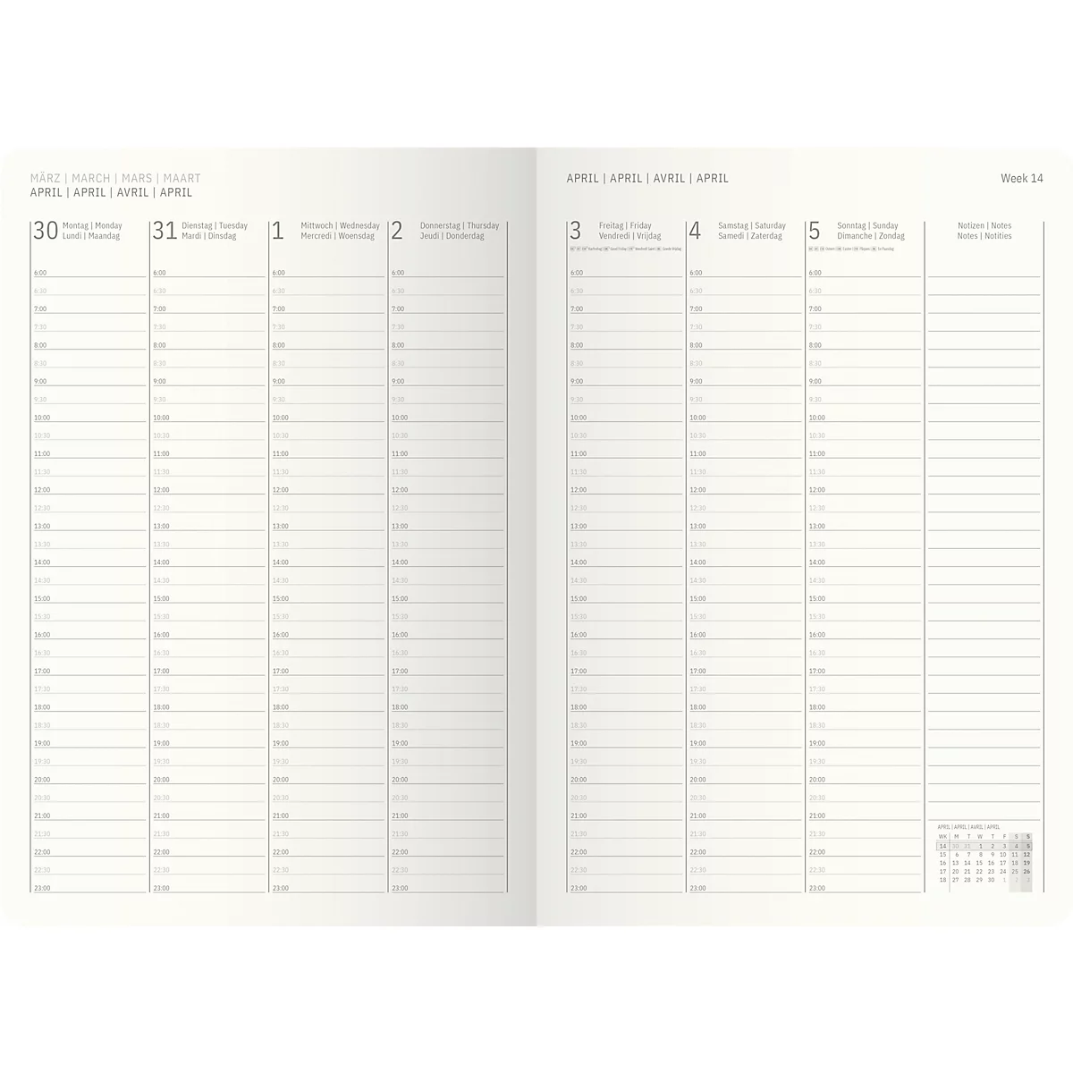 Geöffnete Doppelseite eines Wochenplaners. Auf der linken Seite sind die Daten vom 30. und 31. April, auf der rechten Seite die Daten vom 3. bis 5. April, sowie ein kleiner Kalender.
