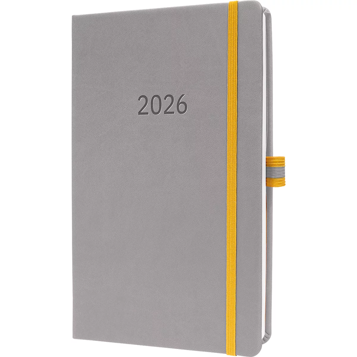 Graues Notizbuch mit gelbem Gummiband und der geprägten Jahreszahl 2026.