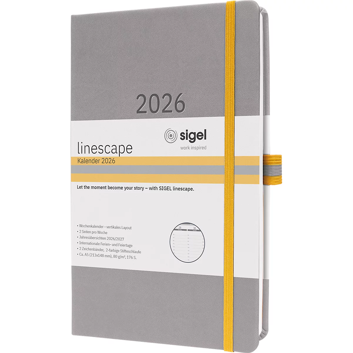 Grauer Kalender mit gelbem Gummiband, Aufdruck "2026" und "linescape".