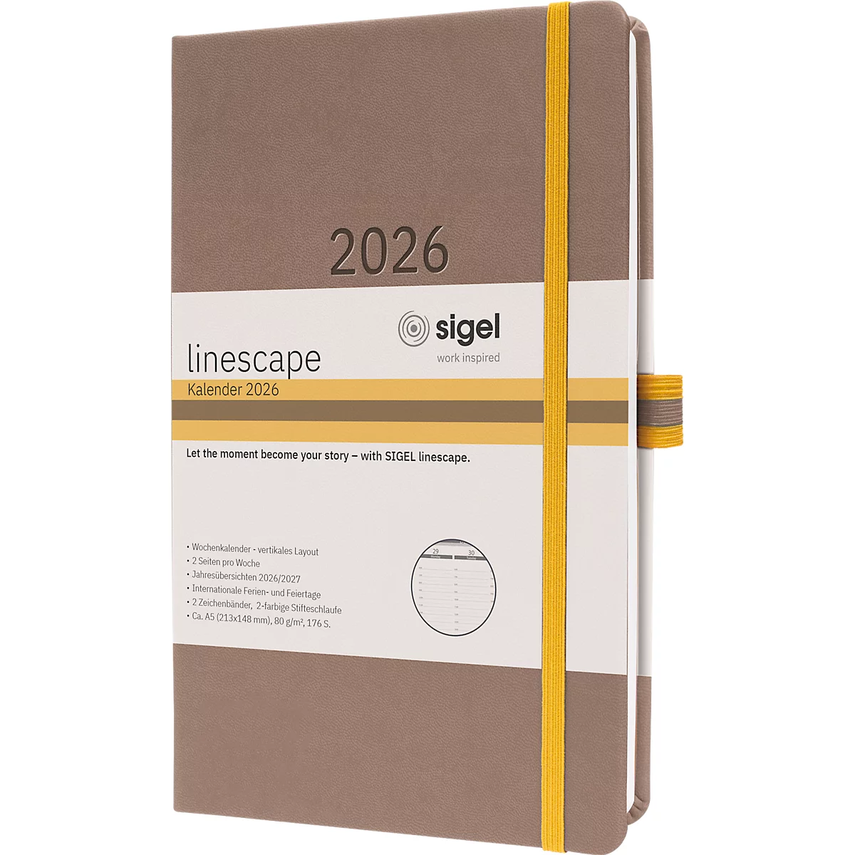 Wochenkalender Sigel Linescape 2026 DE L2605, A5, 176 Seiten, 53 Wochen, 2 Seiten für je 1 Woche, FSC®-Papier/Kunststoff, braun-gelb