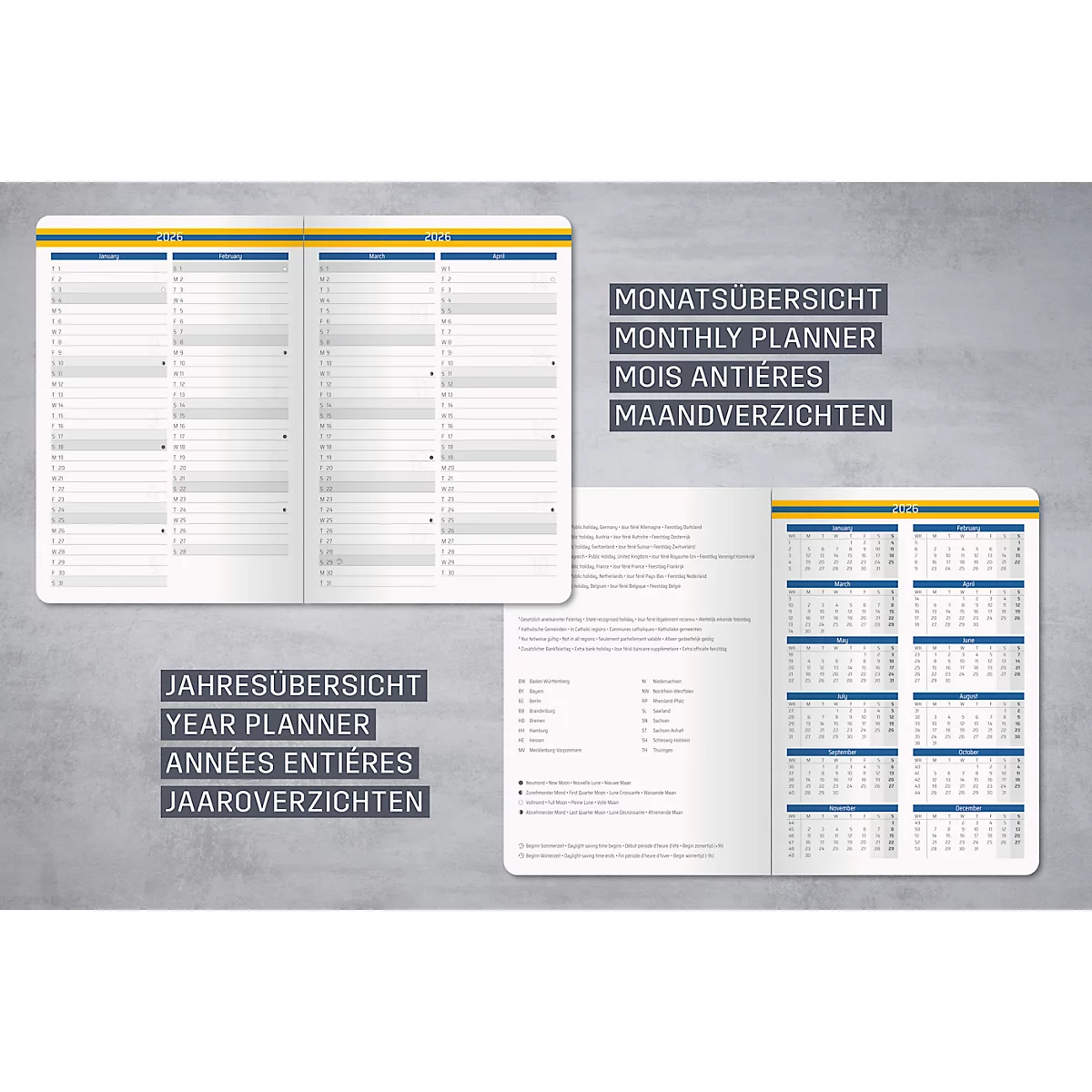 Wochenkalender Sigel Linescape 2026 DE L2606, A5, 176 Seiten, 53 Wochen, 2 Seiten für je 1 Woche, FSC®-Papier/Kunststoff, blau-gelb