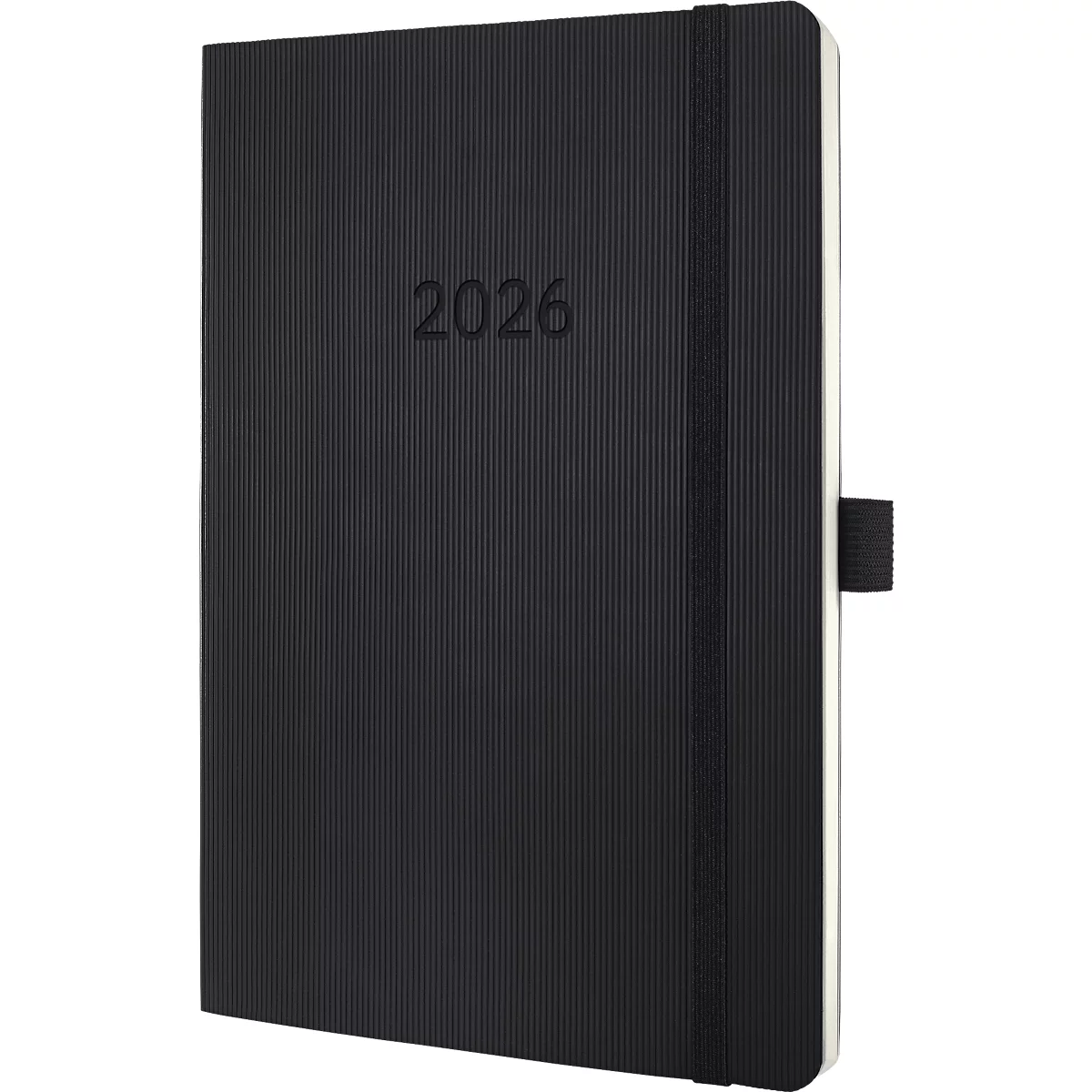 Schwarzes Notizbuch mit Jahr 2026. Vertikale Rillen. Schwarzes Gummiband und -lasche.