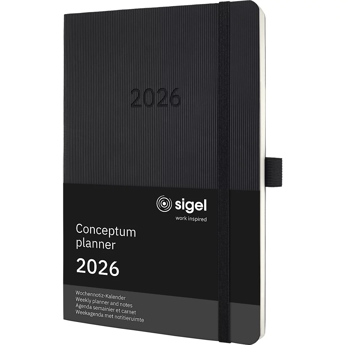 Schwarzer Conceptum Planer 2026 mit Gummiband und Stiftschlaufe. Das Sigel-Logo ist sichtbar.