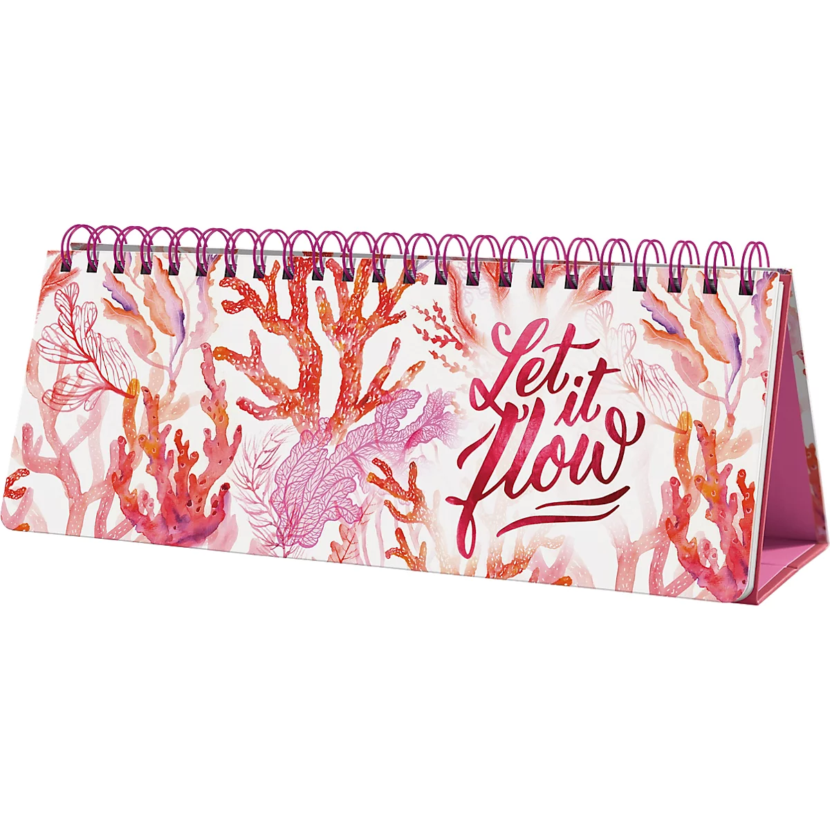 Ein Tischkalender mit rosa Spiralbindung, bedruckt mit Korallen-Motiv und dem Schriftzug 'Let it flow'.