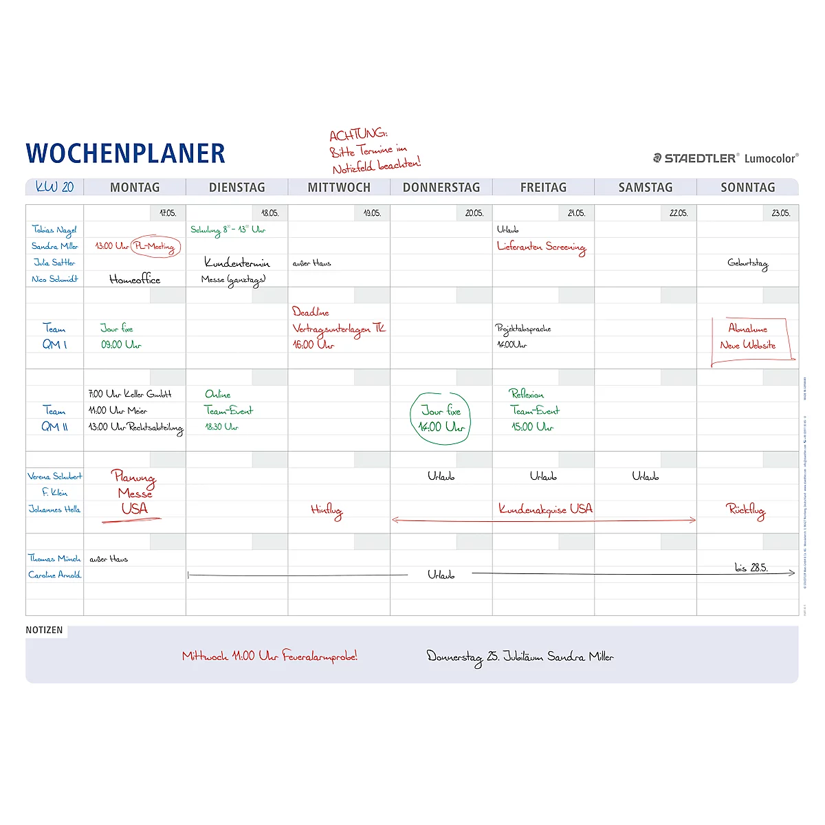 Wochenplaner Staedtler Lumocolor® 641 A1-1, Format A1, trocken & nass abwischbar, inkl. Universalstiften & Stifteklammern, Kunststoff