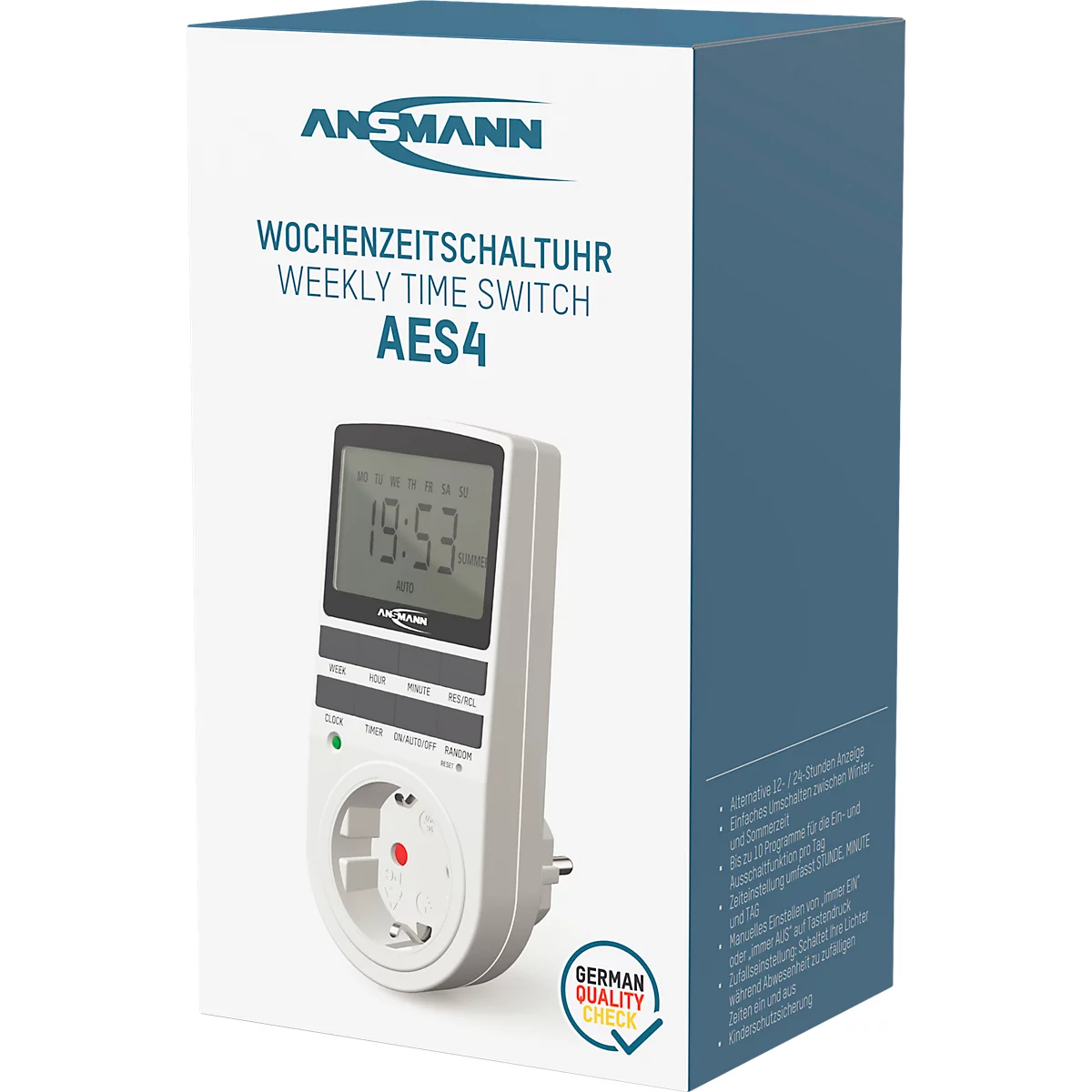 Wochenzeitschaltuhr Ansmann AES4, digital, 12/24 h Format, 10 Programme, 1-fach, ohne Batterien, Kunststoff, weiß