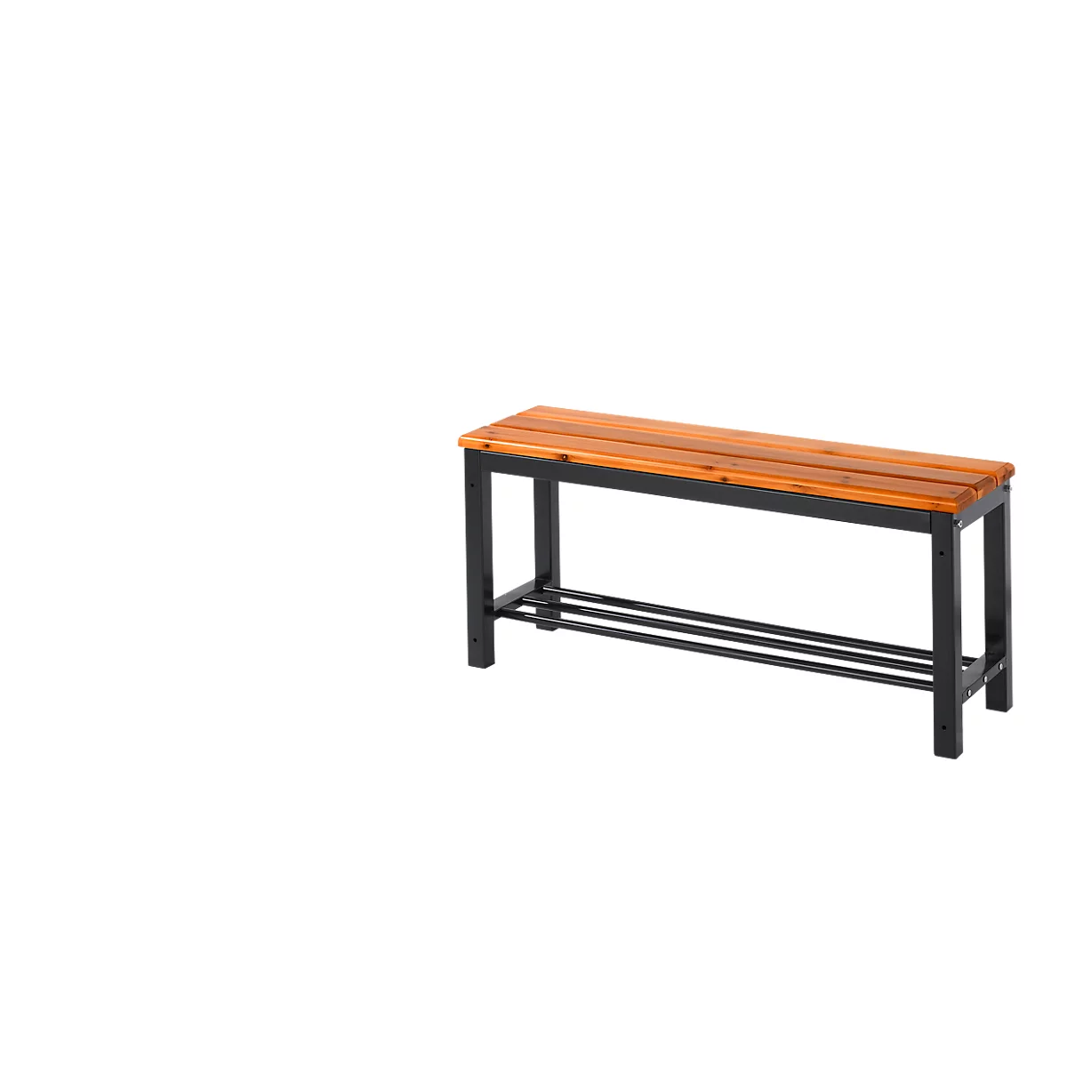 Wooden bench with black metal frame. The seat is made of brown wooden slats. Two crossbars are attached under the seat.