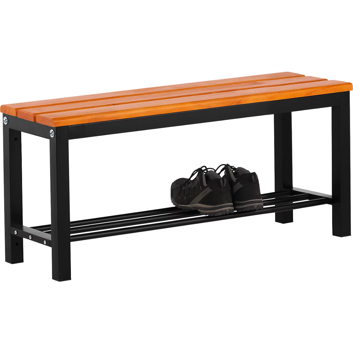 Shoe bench with wooden slats and black frame. Two dark shoes are on it.