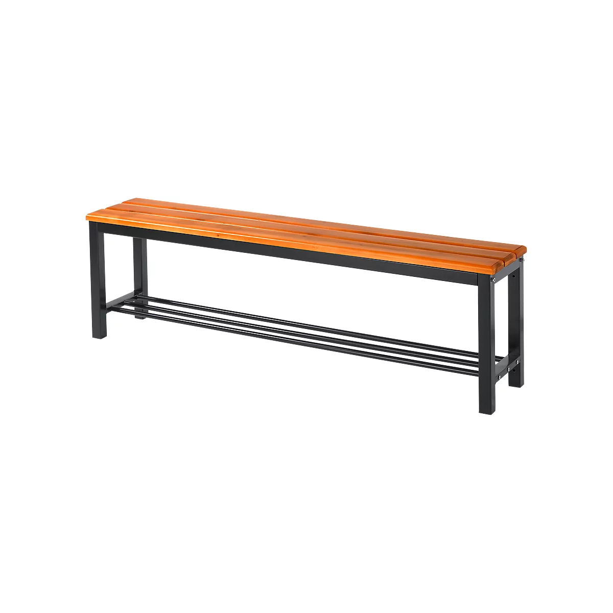 Wooden bench with brown wooden slats on black metal frame, two shelves below.