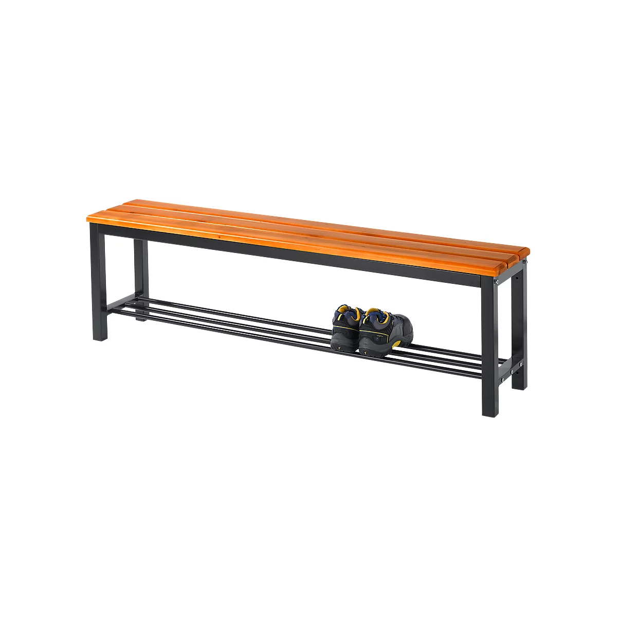 Wooden bench with black metal legs. Below is a shelf for shoes, on which two sports shoes stand.