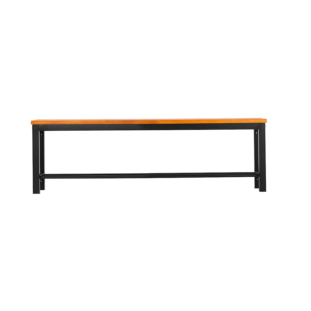 Long wooden bench with black metal legs on a white background.