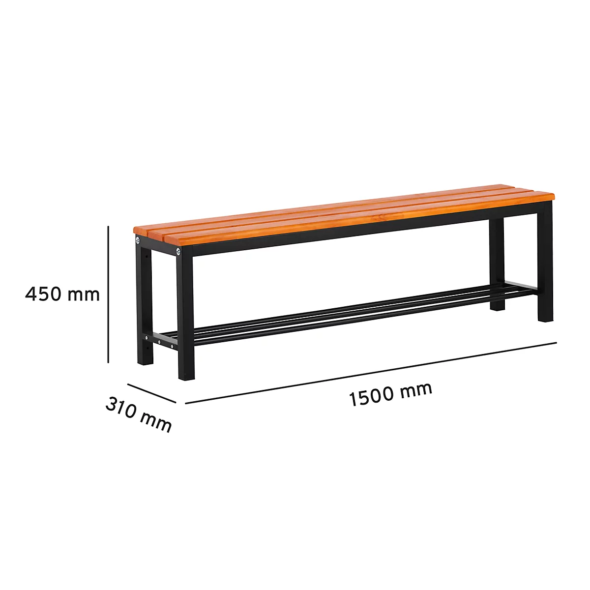 A wooden bench with black metal legs. Dimensions: 1500 mm long, 450 mm high, 310 mm wide.