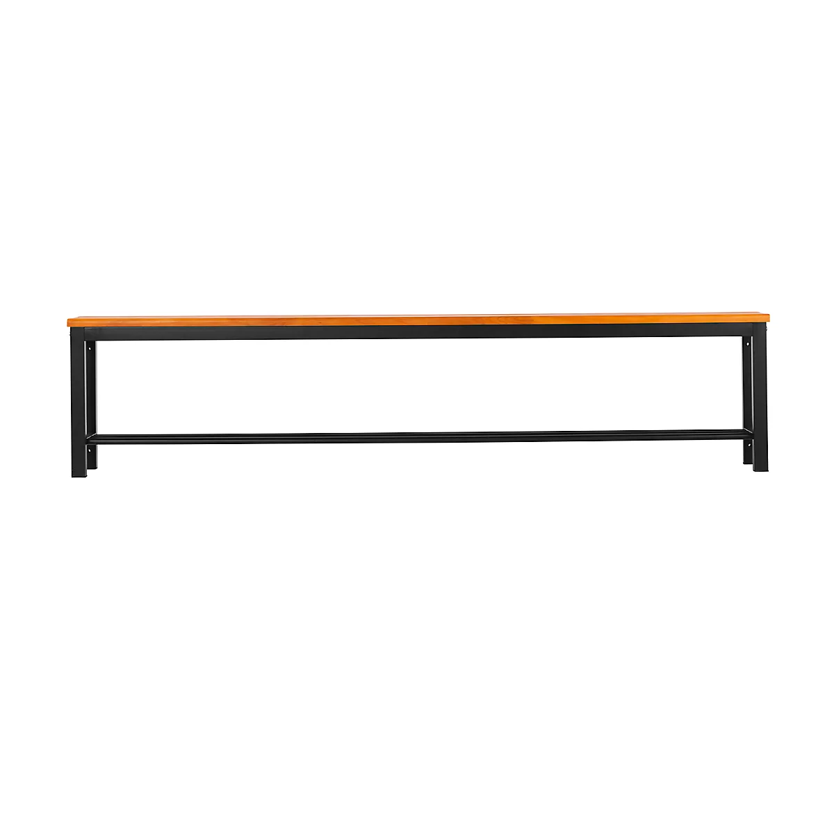 Long wooden bench with black metal legs, isolated on a white background.