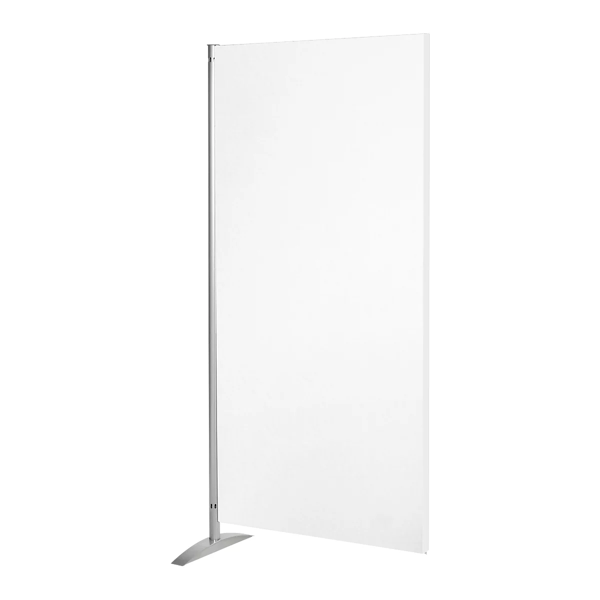Transparent partition, silver-colored frame, rectangular shape.