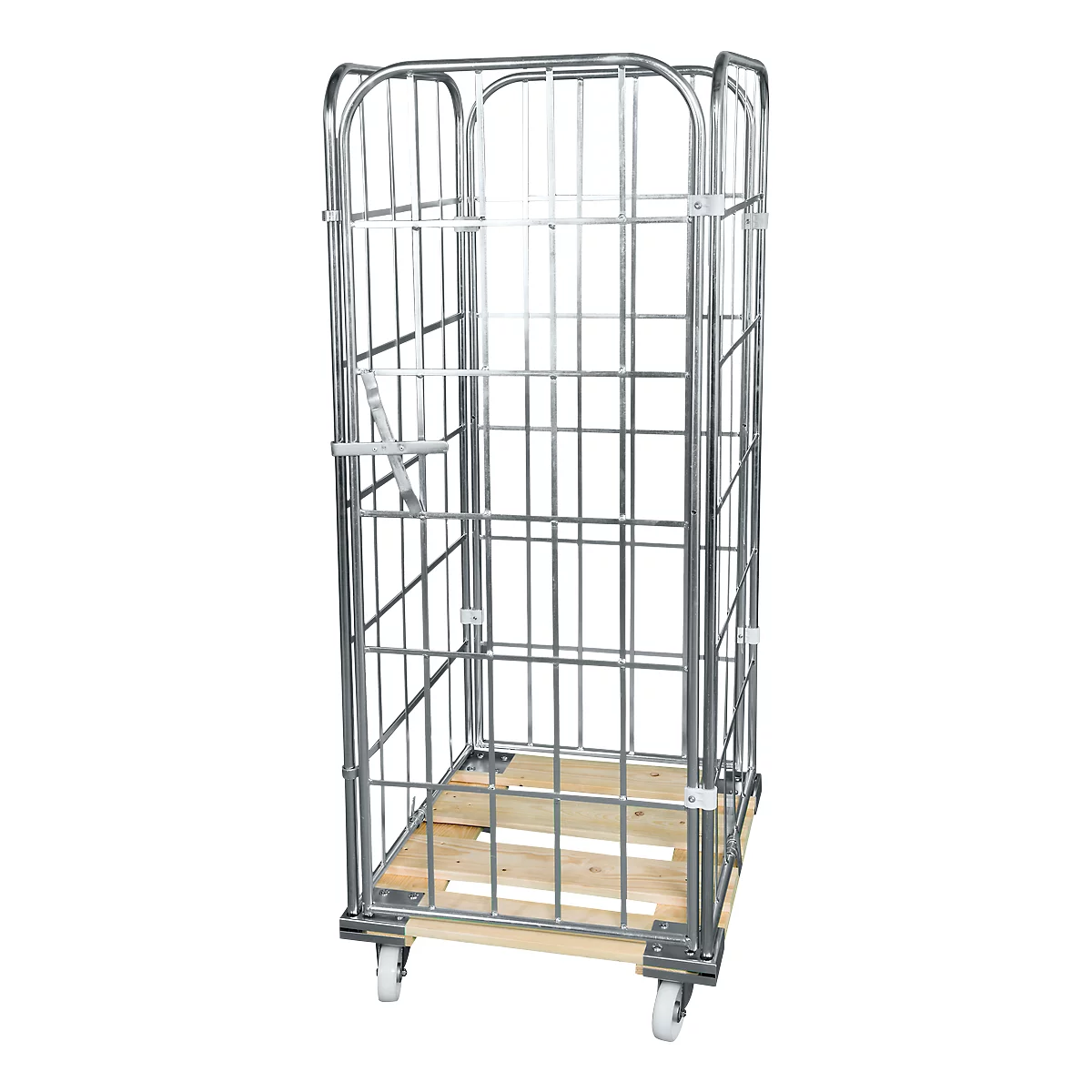 Metal roll cage with wooden base and castors. The grid structure completely surrounds the trolley, which is equipped with a folding mechanism.