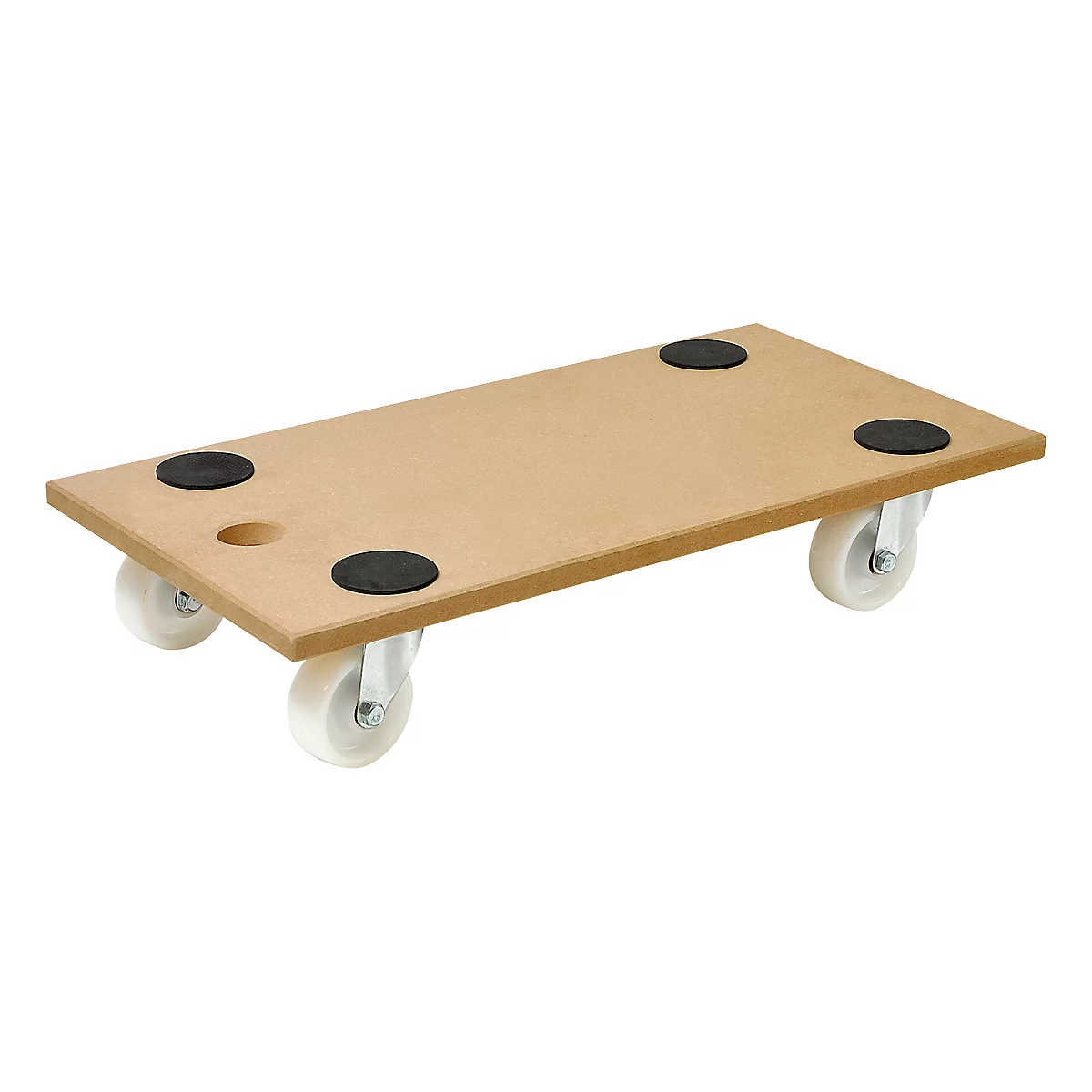 Brown dolly with four white wheels and black rubber pads on top.
