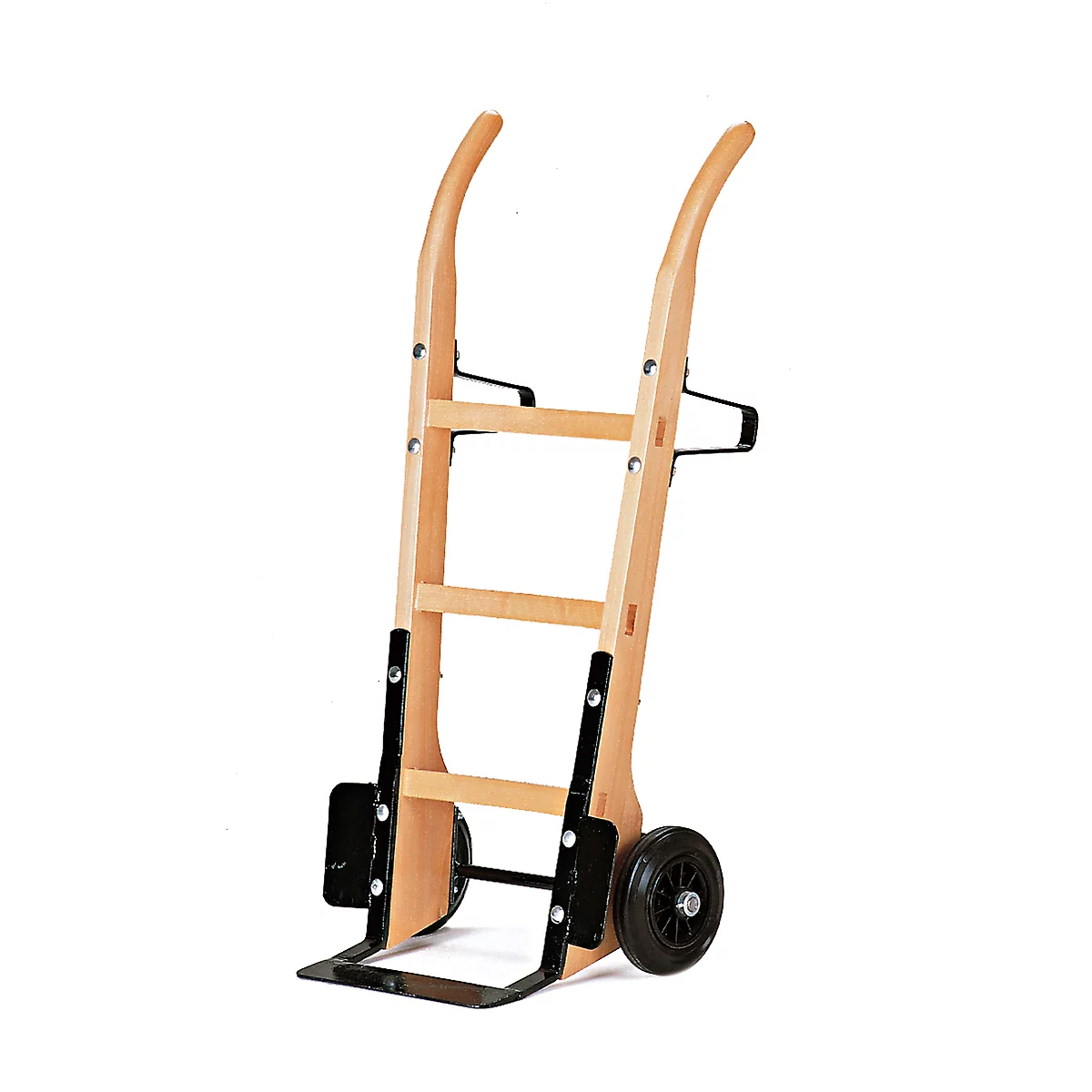 Wooden hand truck with black wheels. Two curved handles, two wheels and a loading surface.