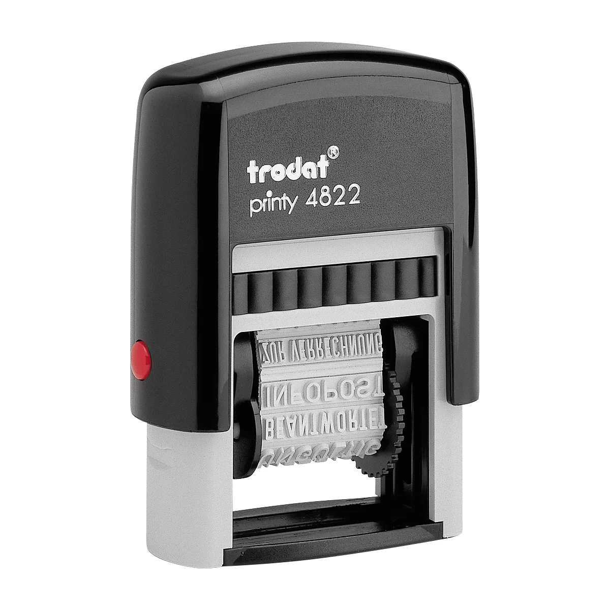 Black stamp with white text. Red button on the side, the text says 'trodat printy 4822'.
