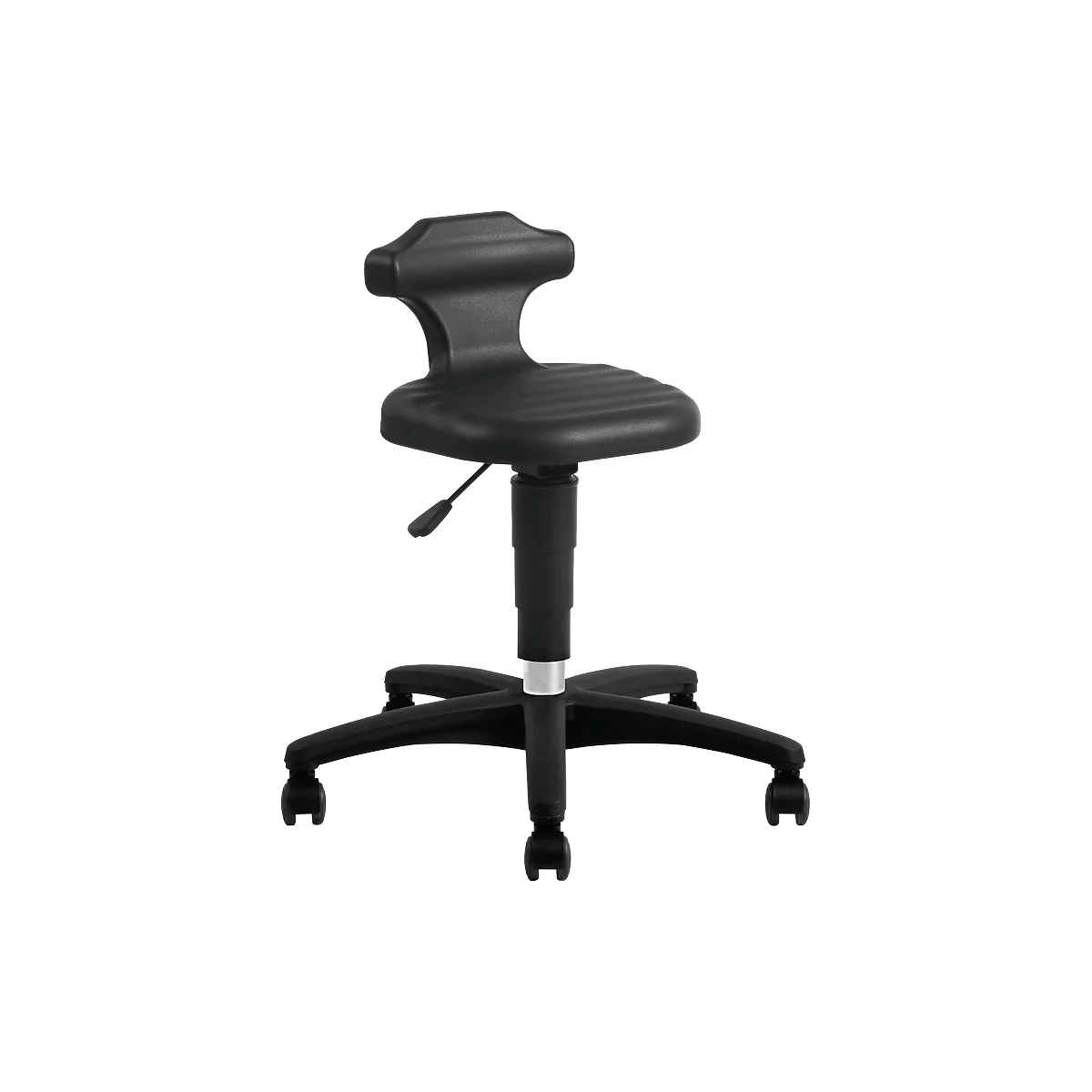 Black office chair with backrest, height adjustable, on castors.