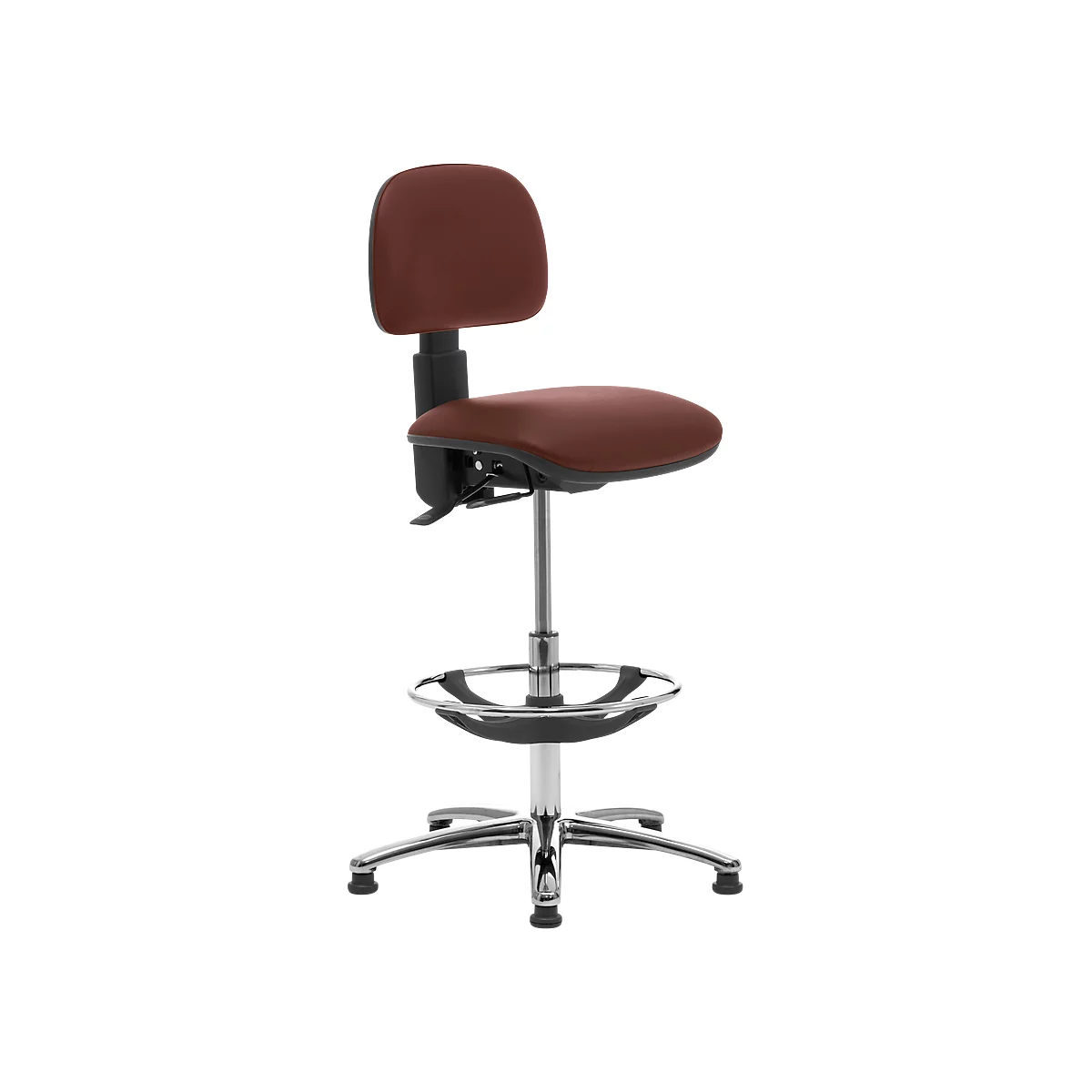 An office chair with a red seat and backrest, height adjustable. Chrome base with footrest.