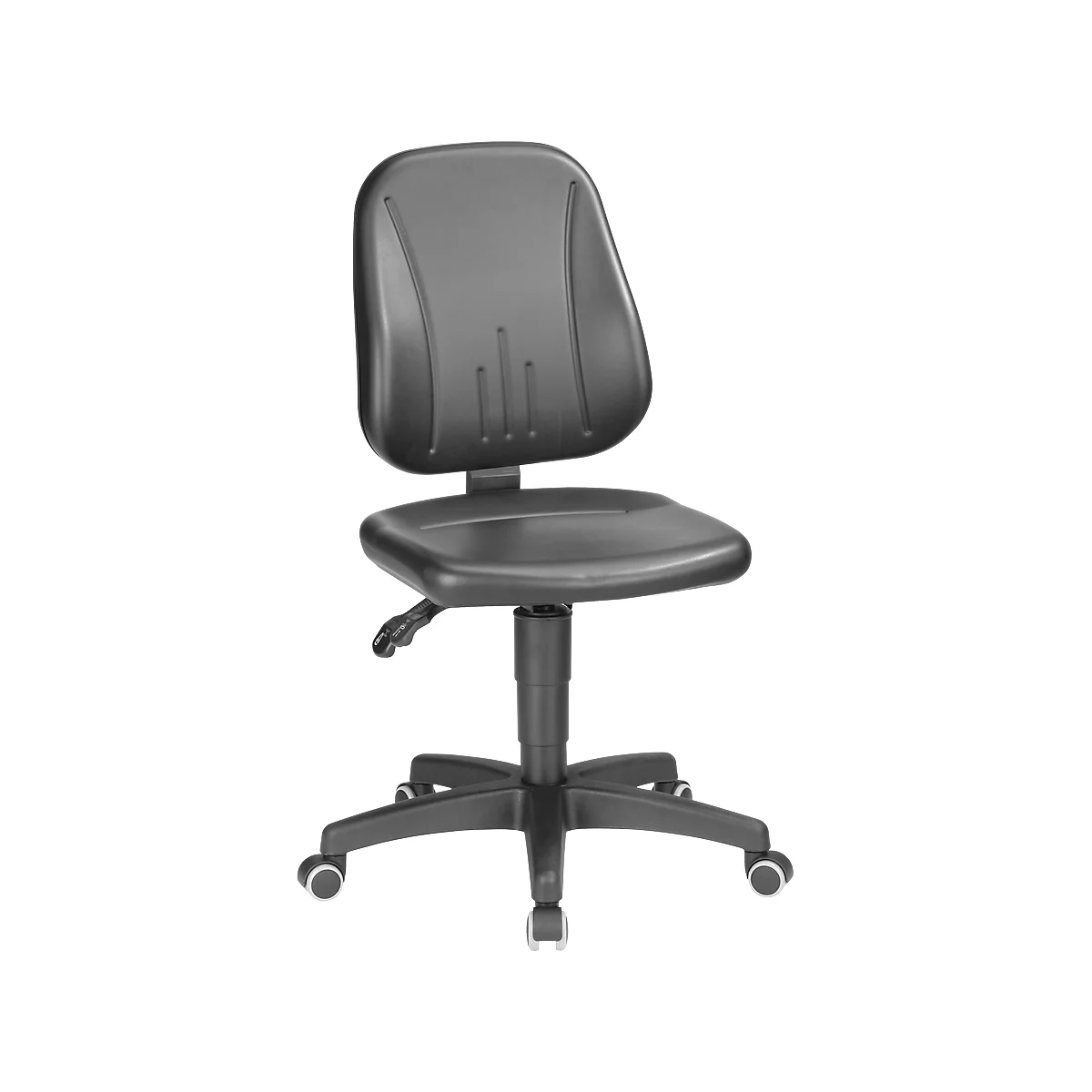 Black office chair with backrest and wheels. Adjustable seat height.