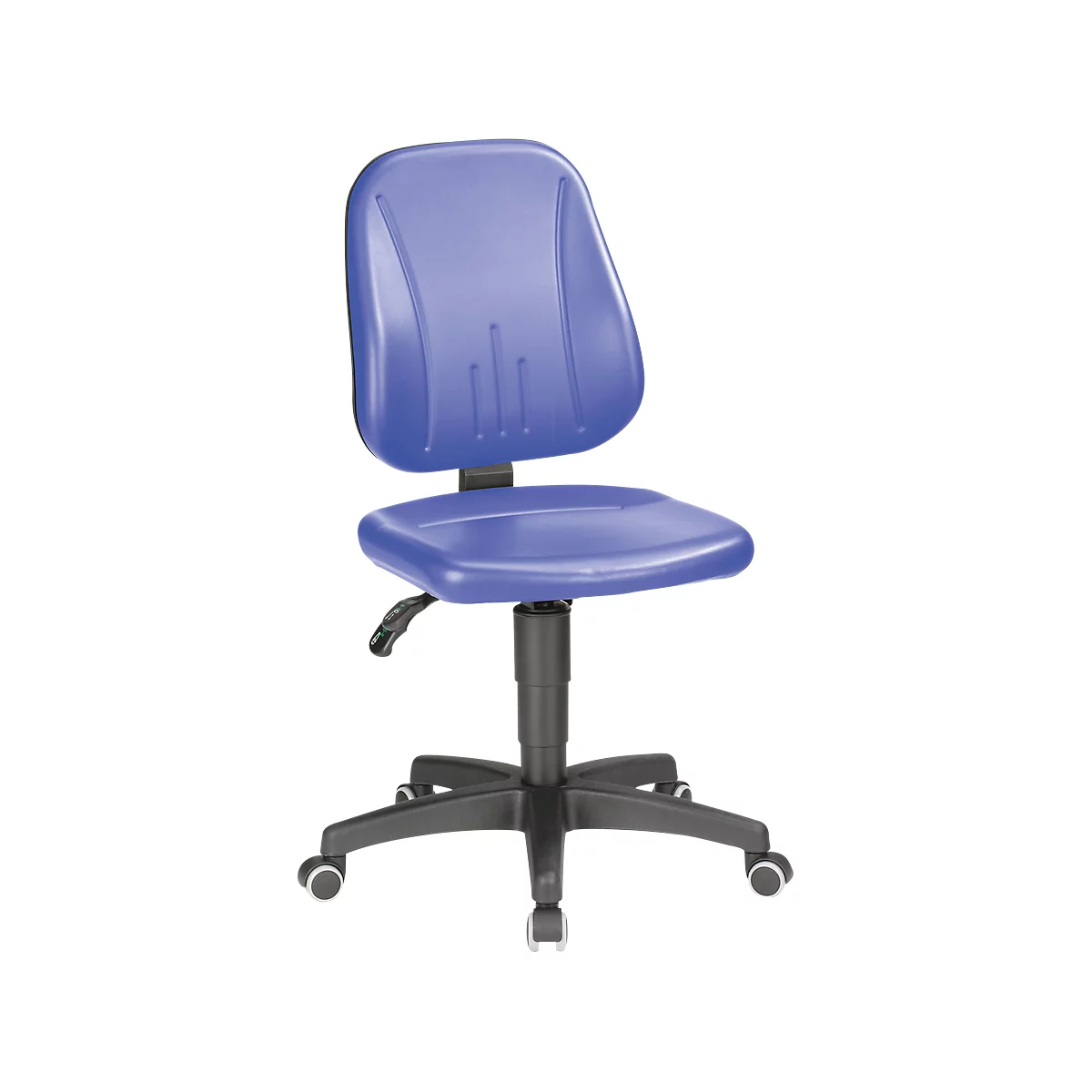 Blue office chair with backrest and seat. Black frame with wheels.