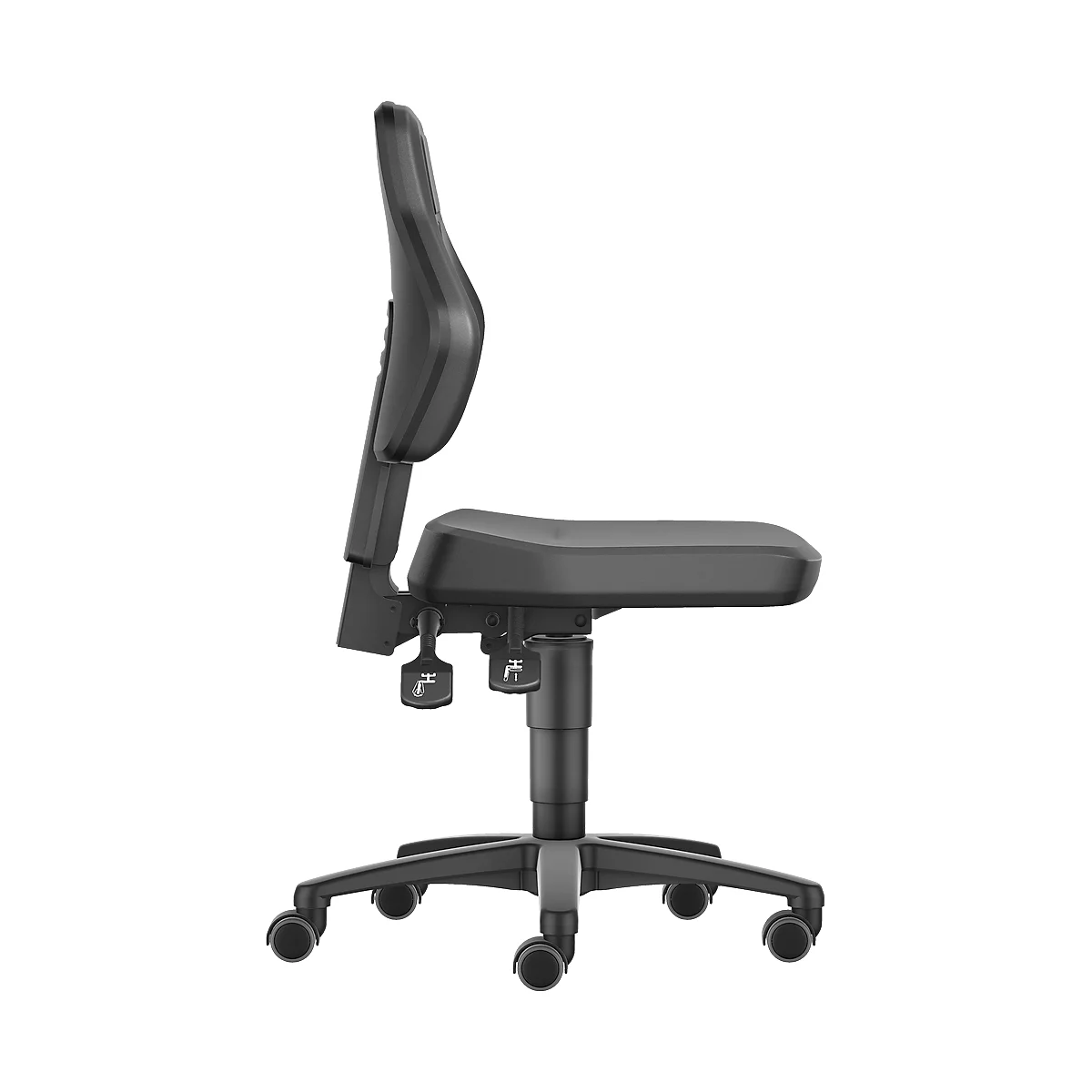 Black office chair, viewed from the side. Visible are the backrest, seat, castors, and controls.