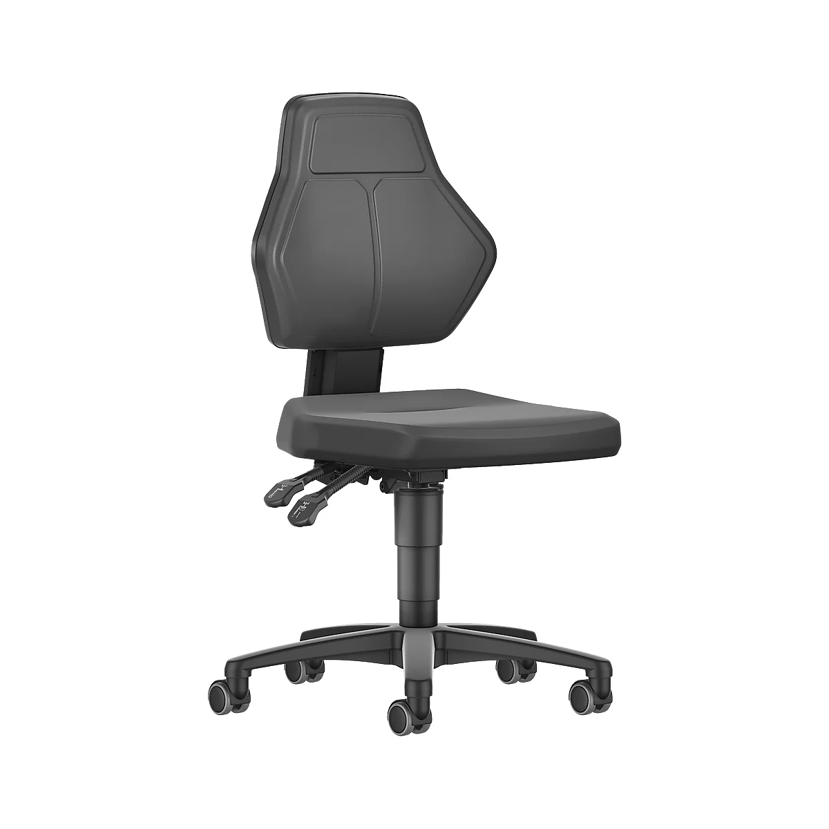 A black office chair with wheels, adjustable armrests, and an ergonomic backrest.