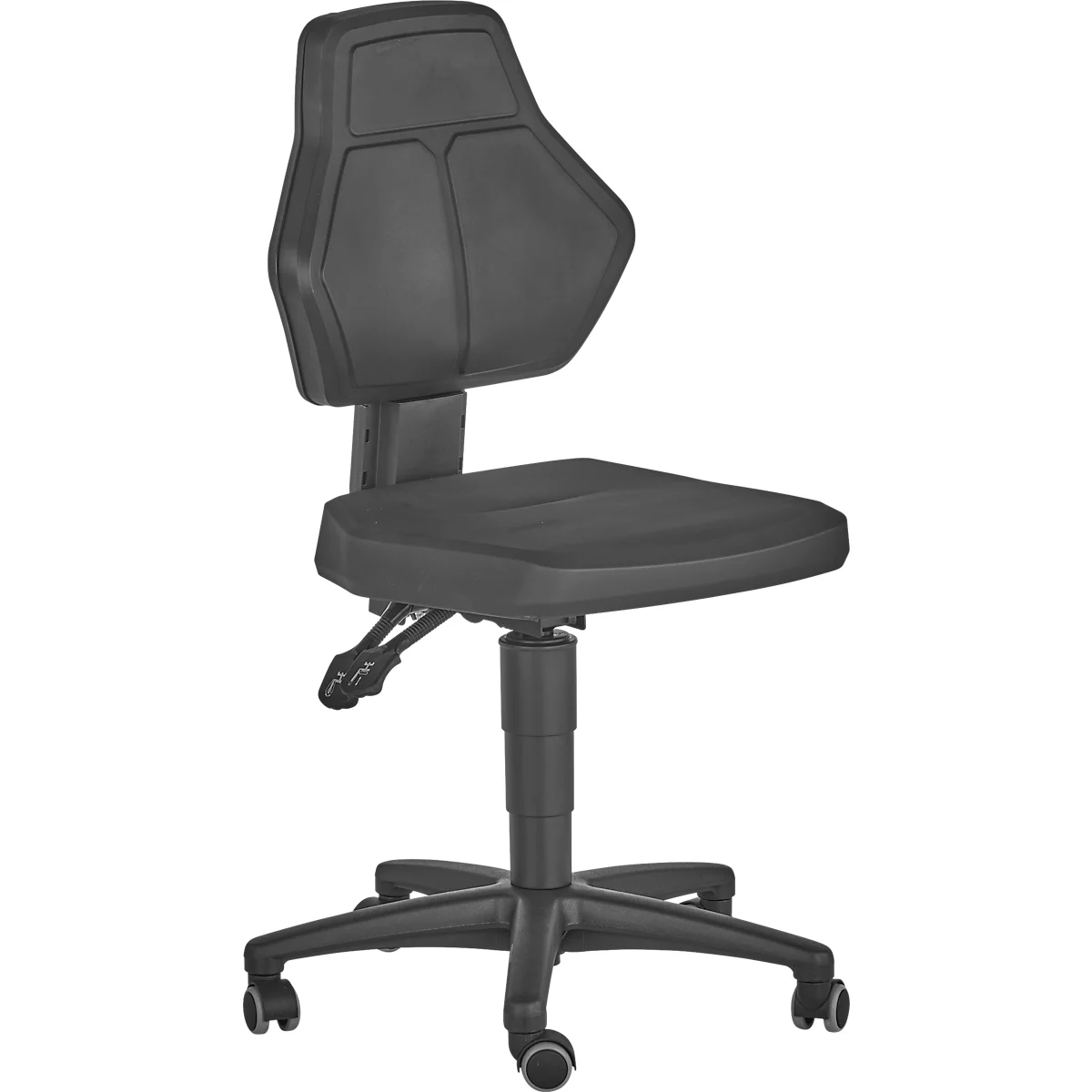 Black office chair on white background. Backrest, seat and frame are made of plastic.