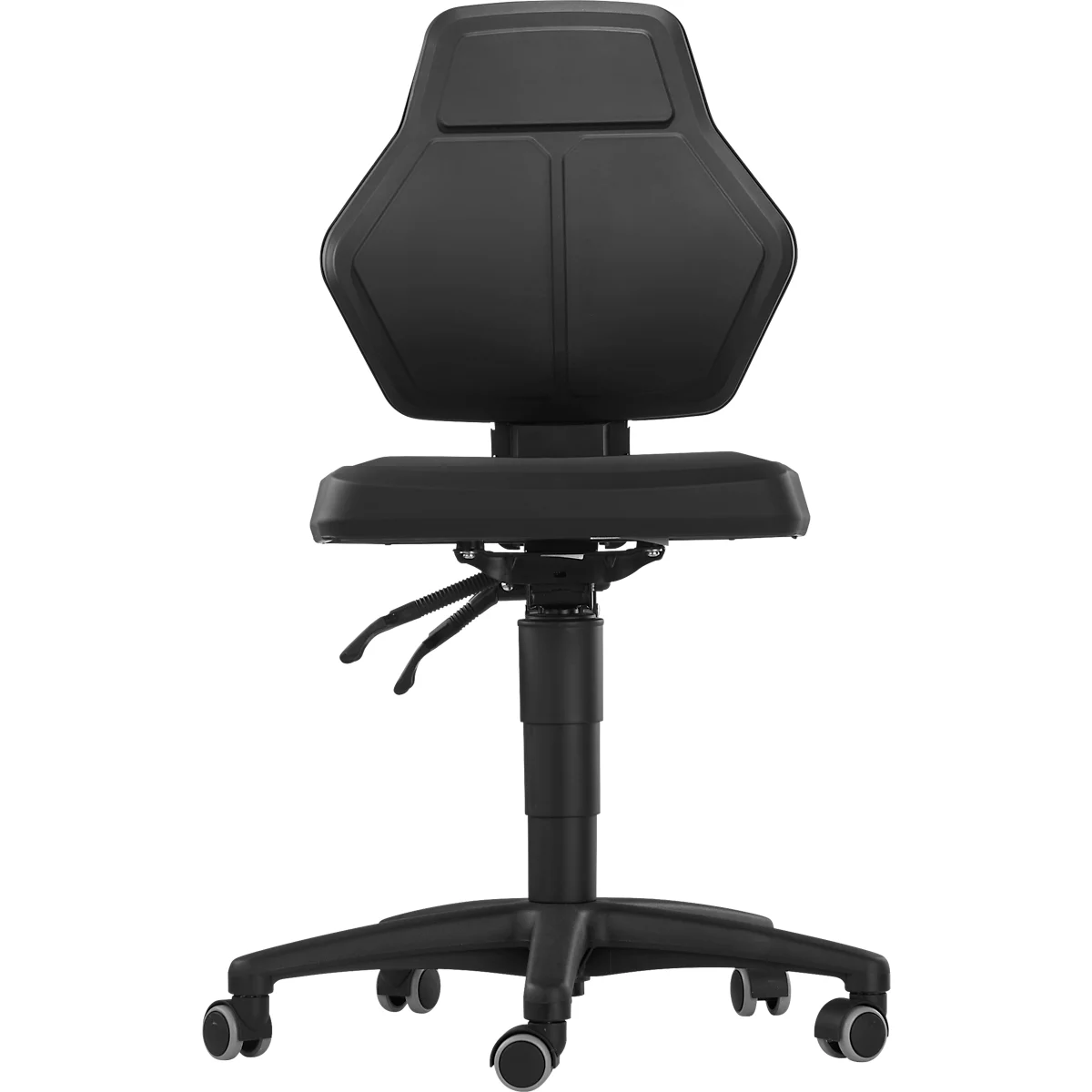 Black swivel chair from behind. The chair has an ergonomic backrest and seat. On castors.
