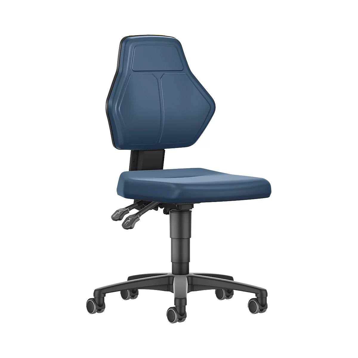 Blue office chair, adjustable with wheels. The chair has a curved backrest and seat. The base is black.
