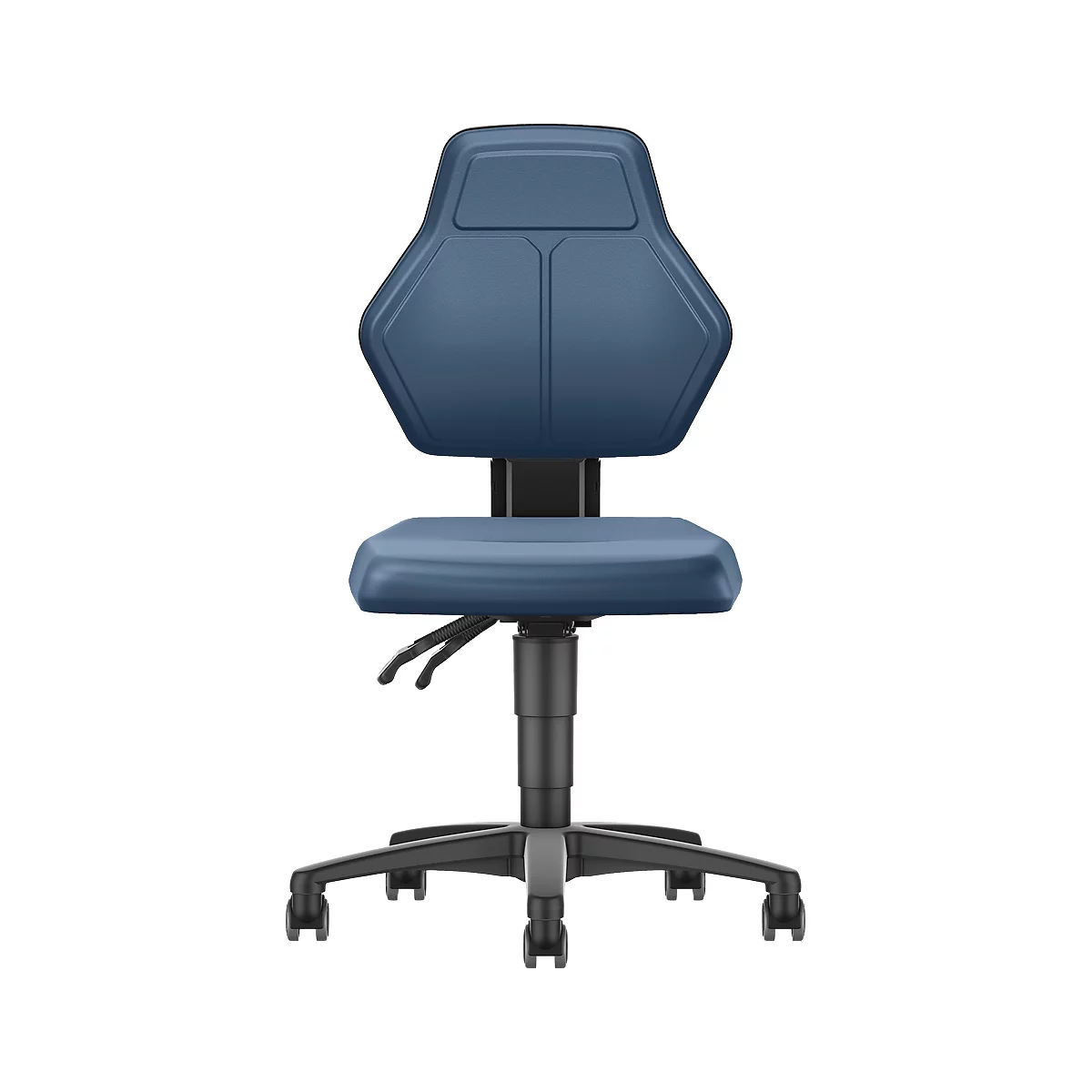 Blue office chair. Five-foot cross, height adjustable, backrest and seat in dark blue imitation leather.