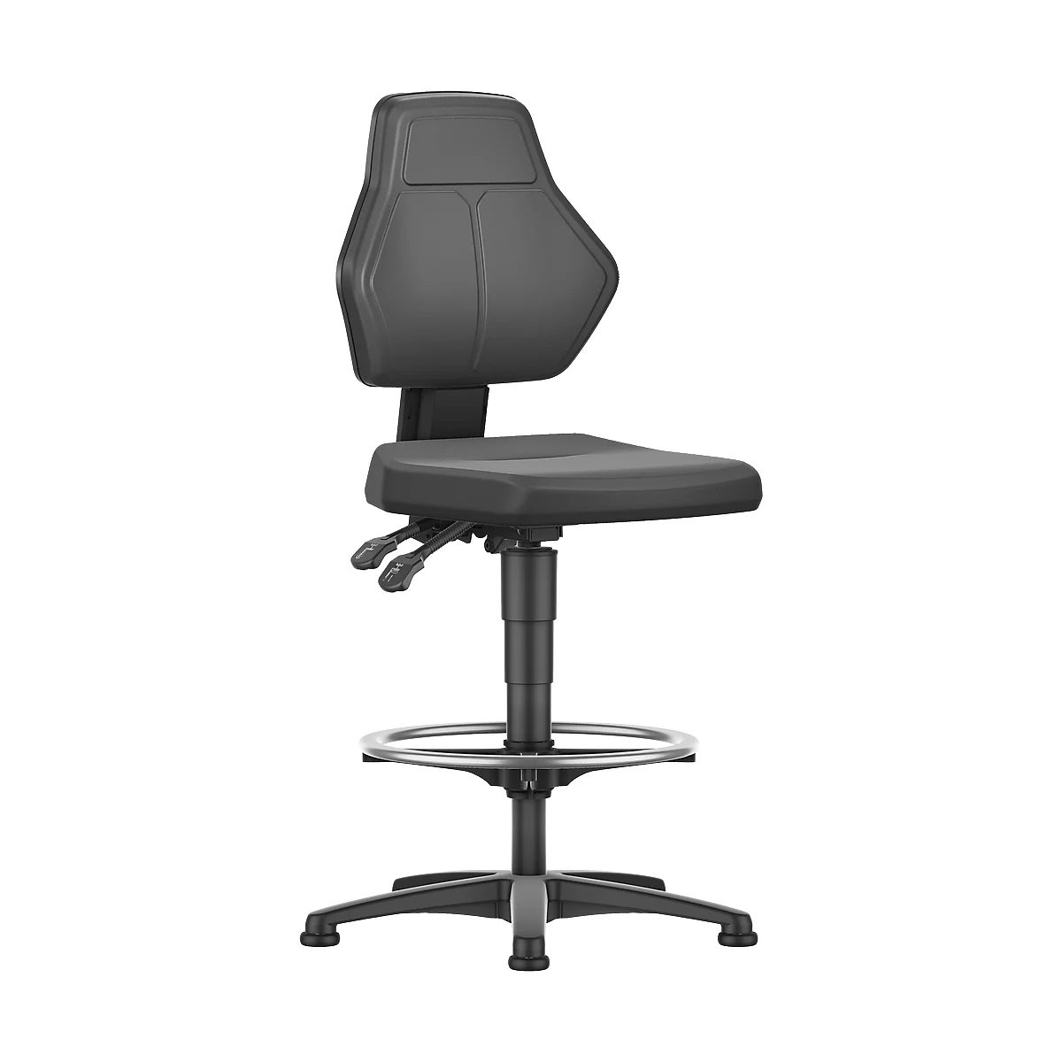 Black, height-adjustable chair composed of separate parts. The chair has a backrest and a footrest.