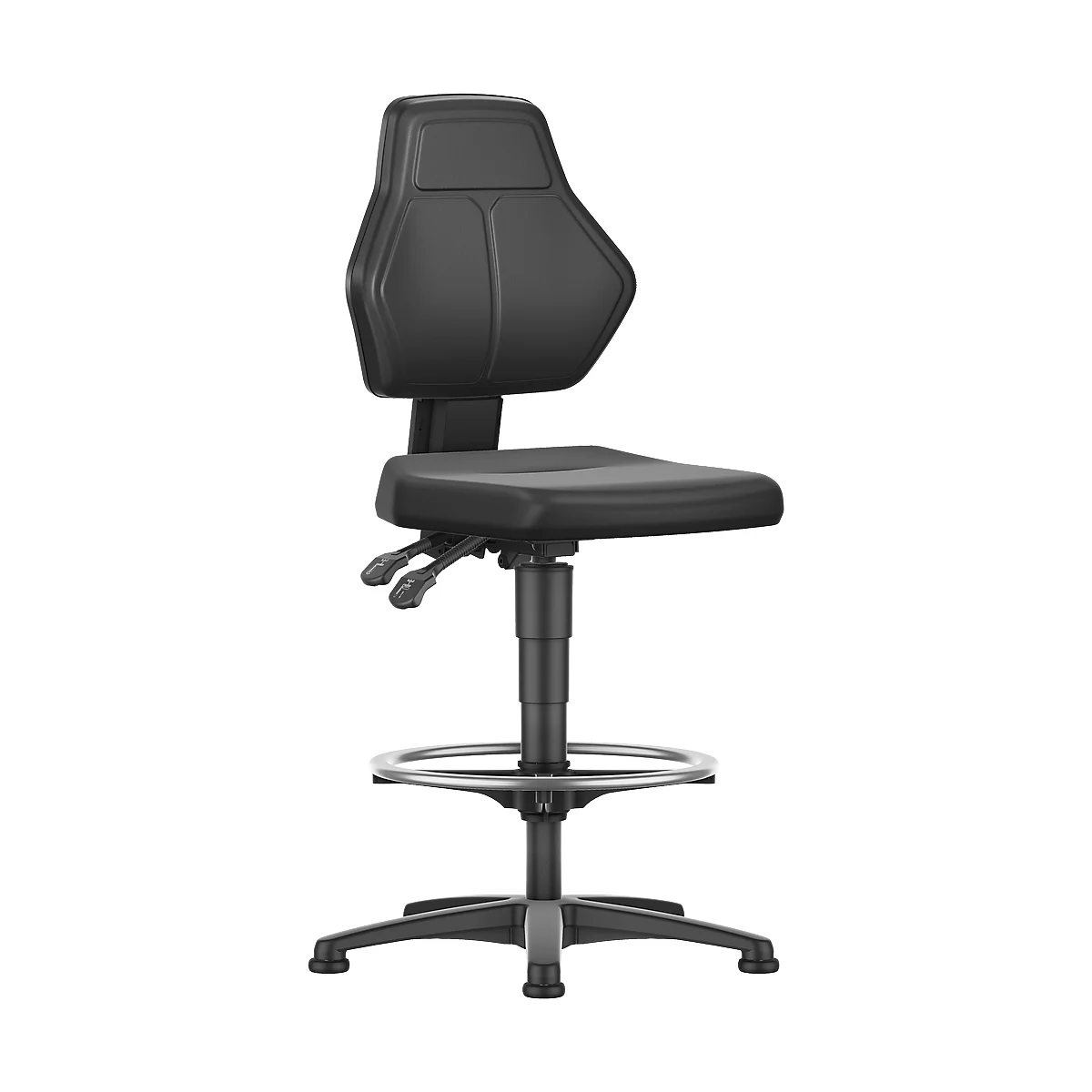 Black office chair, ergonomically shaped with backrest, seat and foot ring.