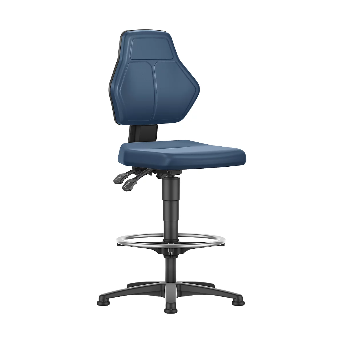 Blue work chair with backrest, seat, and footrest. The chair is height-adjustable and stands on a black base.