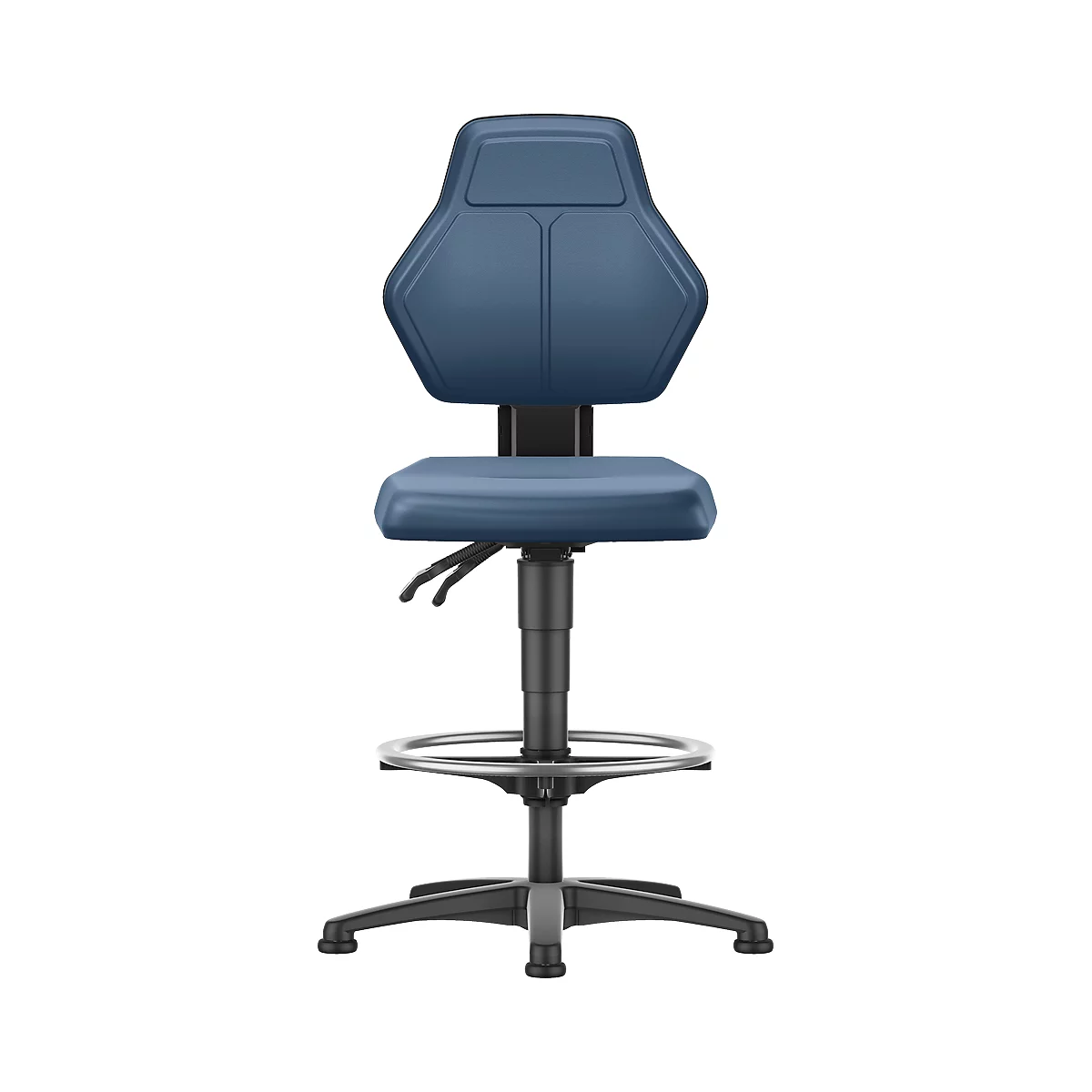 Blue, height-adjustable swivel stool, detailed view.