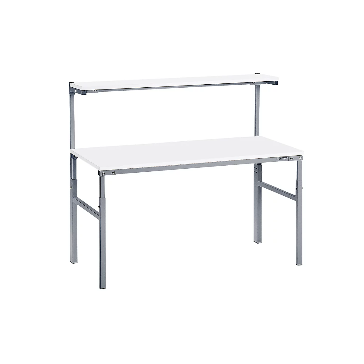 Two-tiered white desk on a light background.
