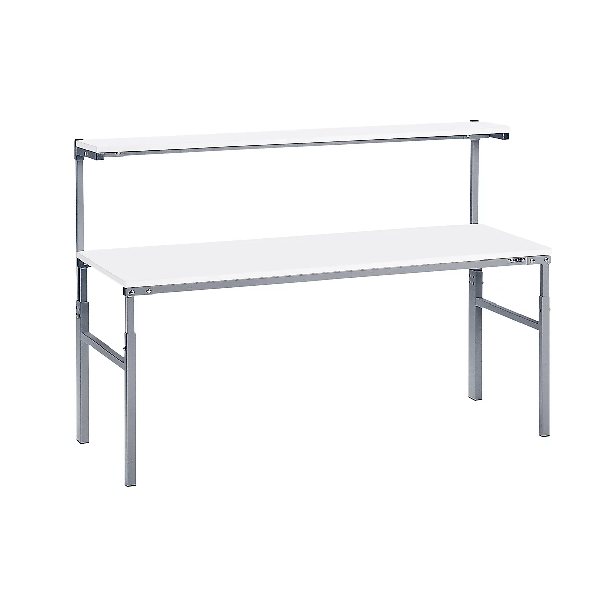 White office desk with attachment. The table legs and the bracket are silver.