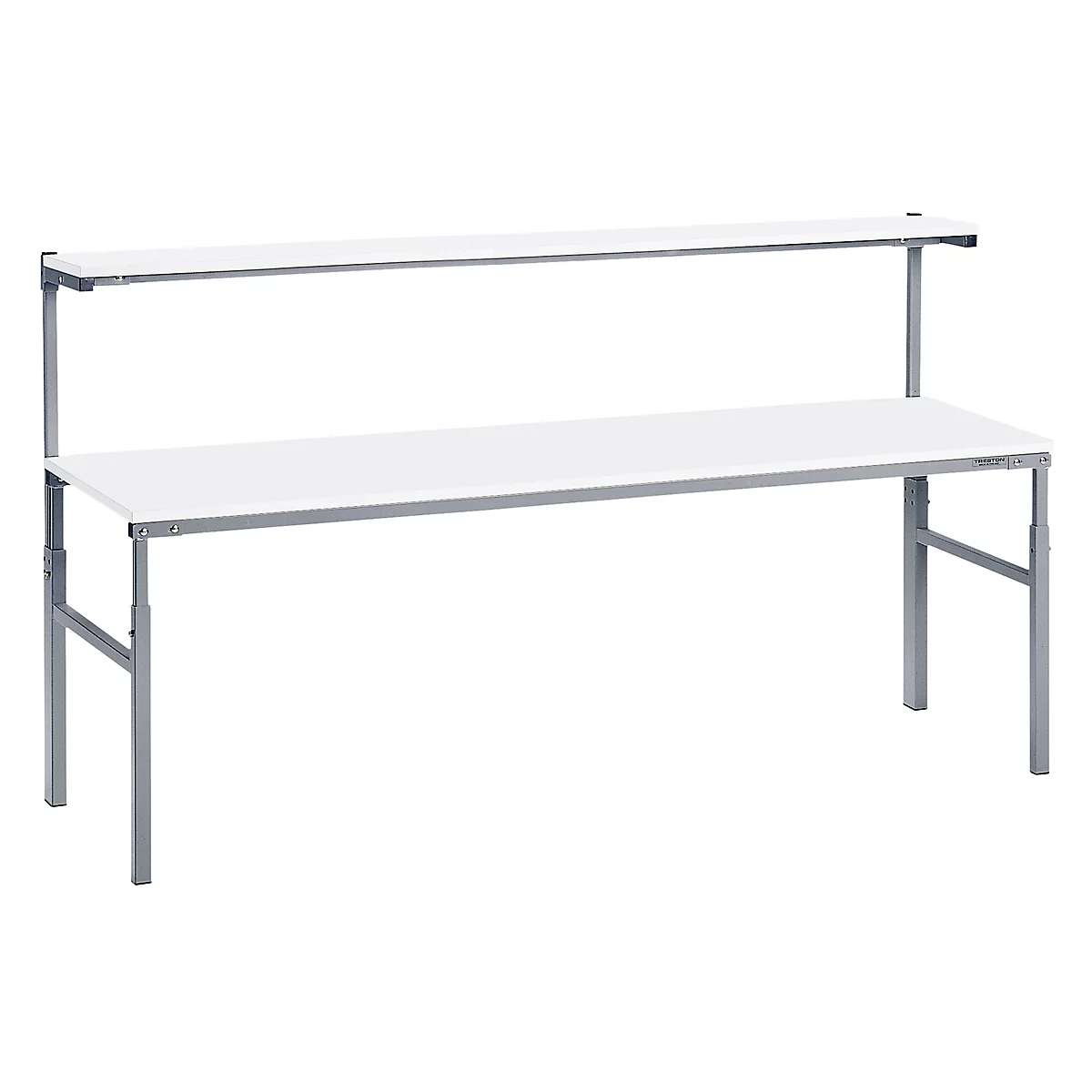 A white table with an additional, higher shelf, both on silver metal frames. The background is white.